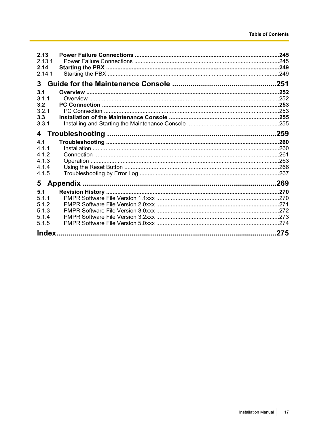 Panasonic KX-TDA100 installation manual 245, 249, 252, 253, 255, 260, 270 