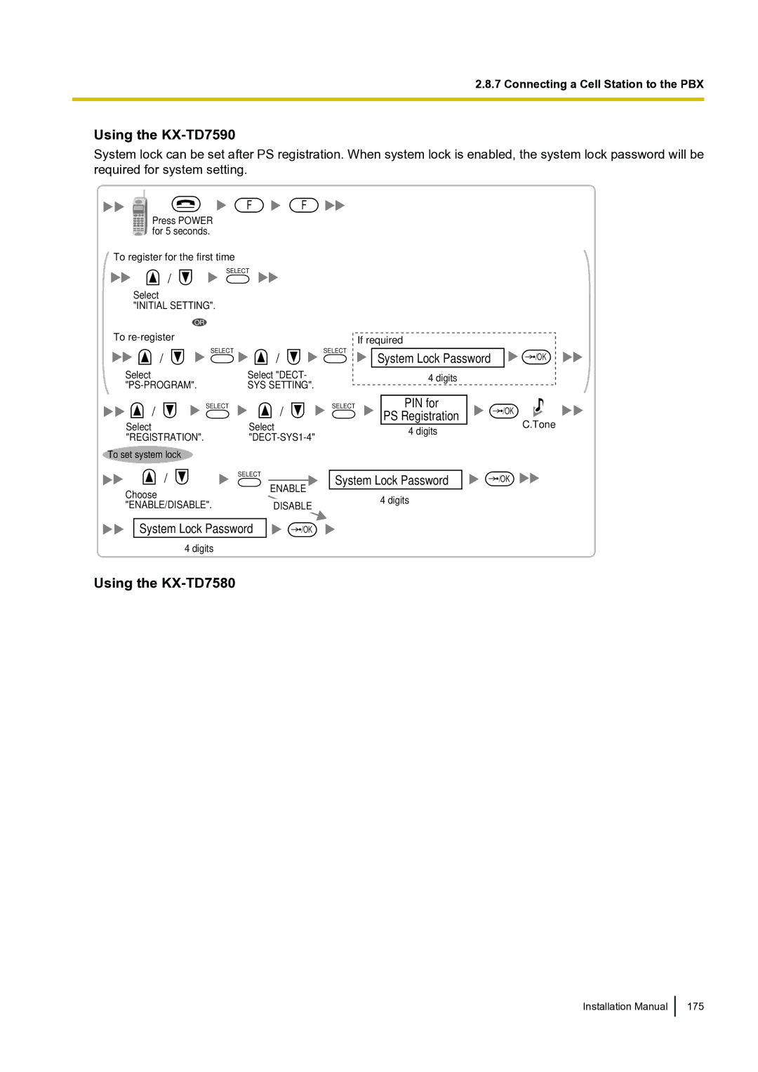 Panasonic KX-TDA100 installation manual Using the KX-TD7580, System Lock Password /OK 