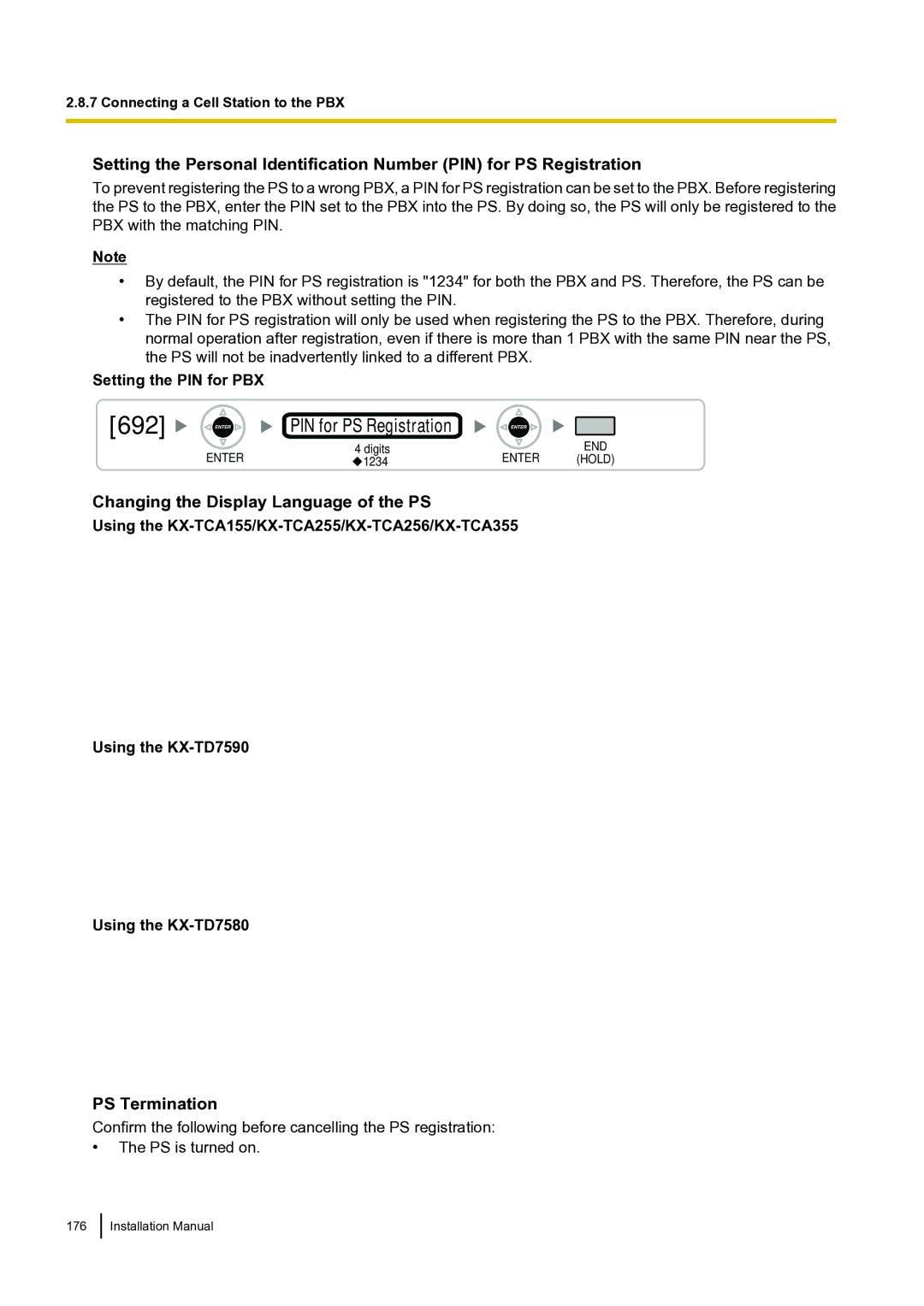 Panasonic KX-TDA100 Changing the Display Language of the PS, PS Termination, Setting the PIN for PBX, Using the KX-TD7580 