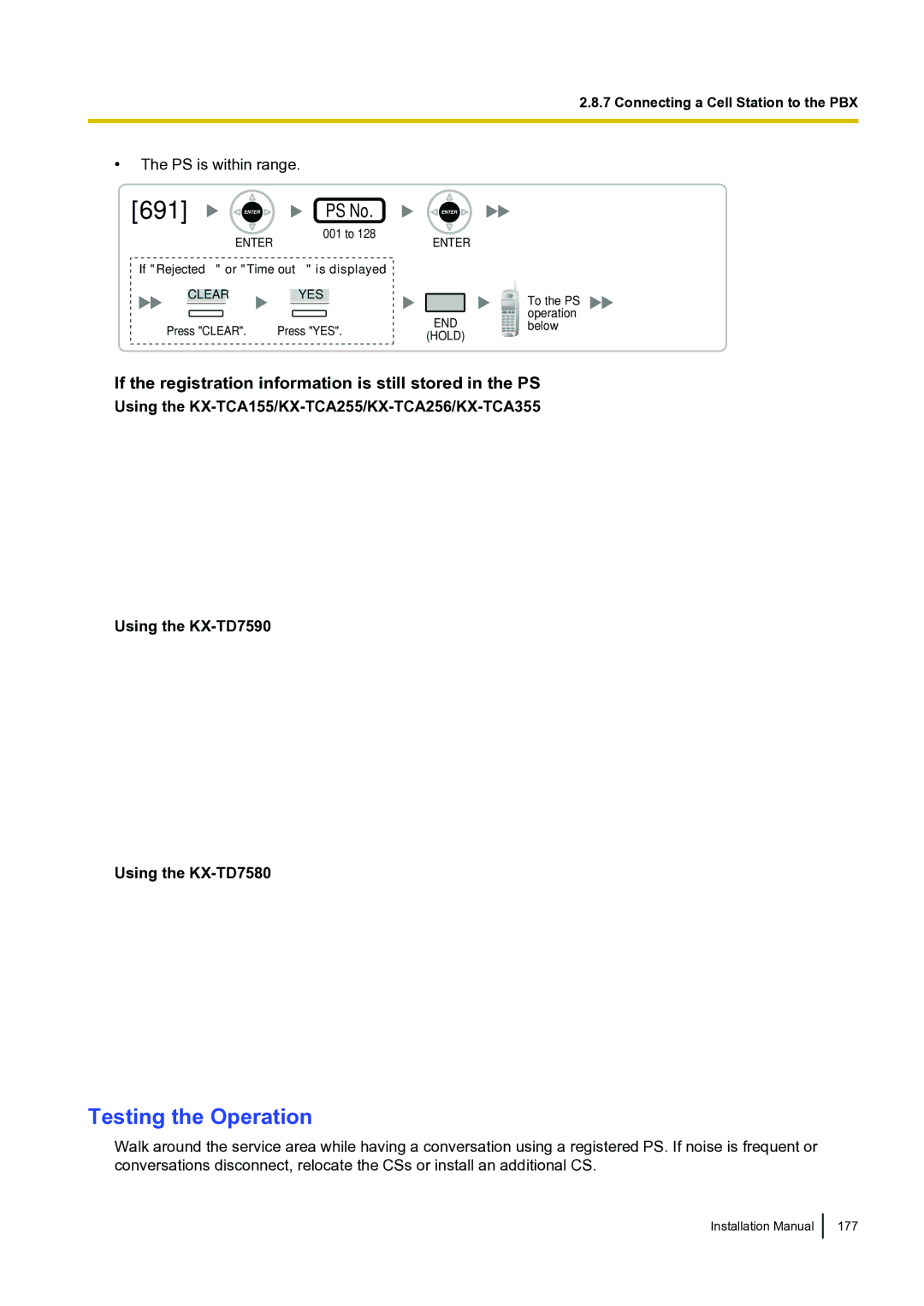 Panasonic KX-TDA100 Testing the Operation, If the registration information is still stored in the PS, Handset PIN 