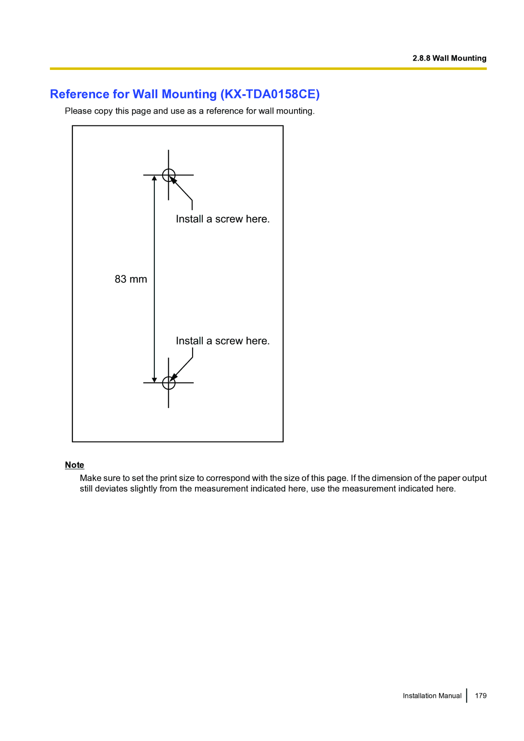 Panasonic KX-TDA100 installation manual Reference for Wall Mounting KX-TDA0158CE, Install a screw here 83 mm 