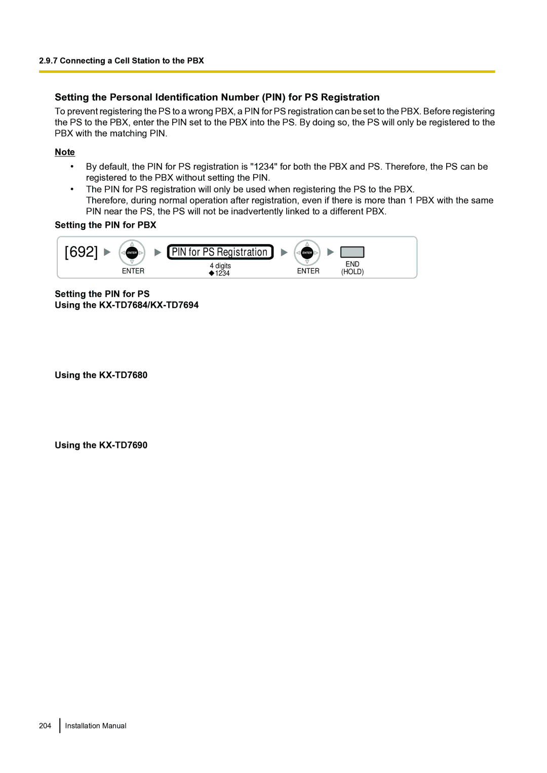 Panasonic KX-TDA100 installation manual 692, Setting the PIN for PS Using the KX-TD7684/KX-TD7694 