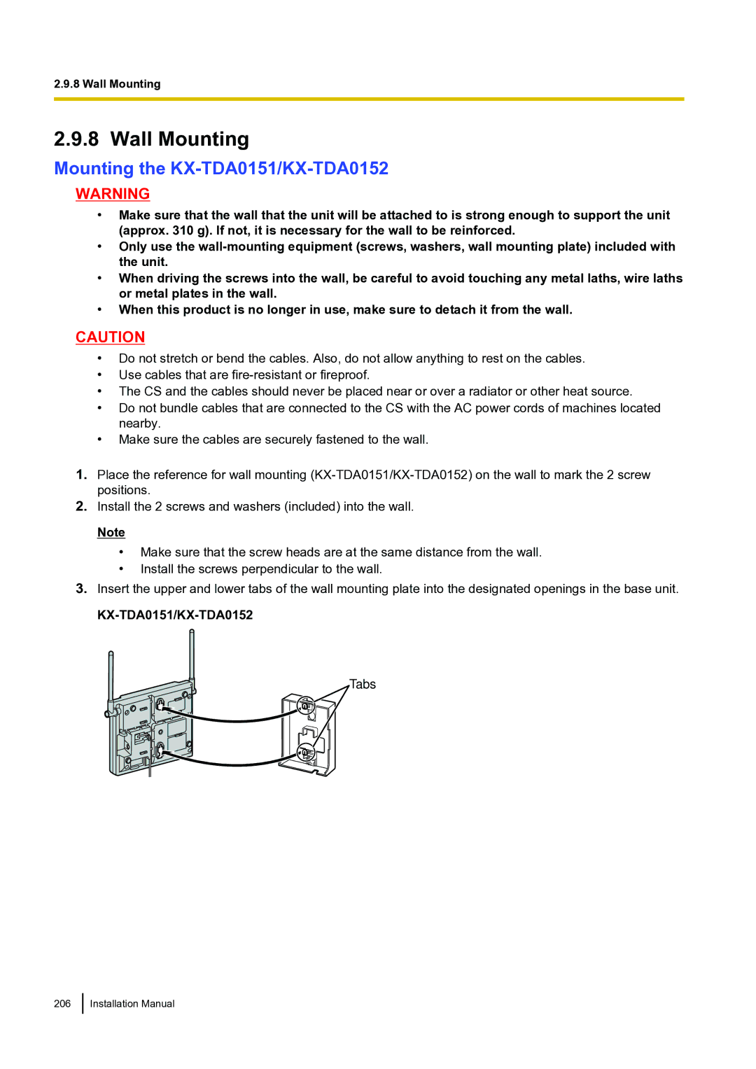 Panasonic KX-TDA100 installation manual Wall Mounting, Mounting the KX-TDA0151/KX-TDA0152 