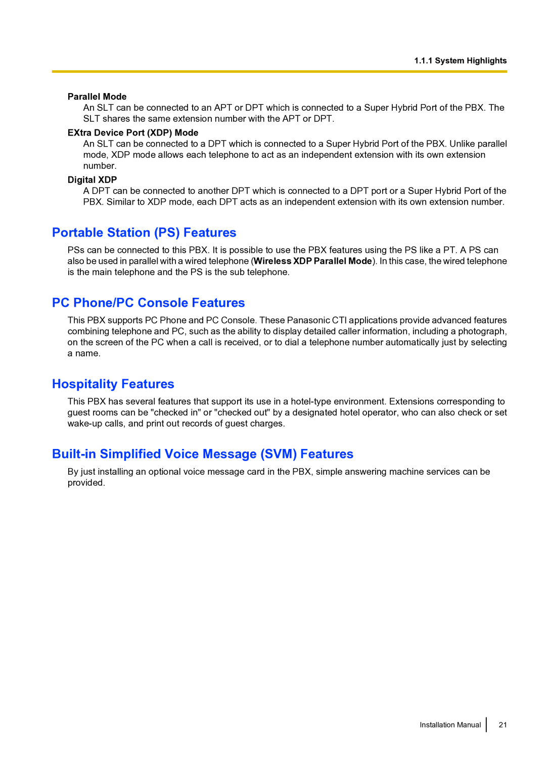 Panasonic KX-TDA100 installation manual Portable Station PS Features, PC Phone/PC Console Features, Hospitality Features 