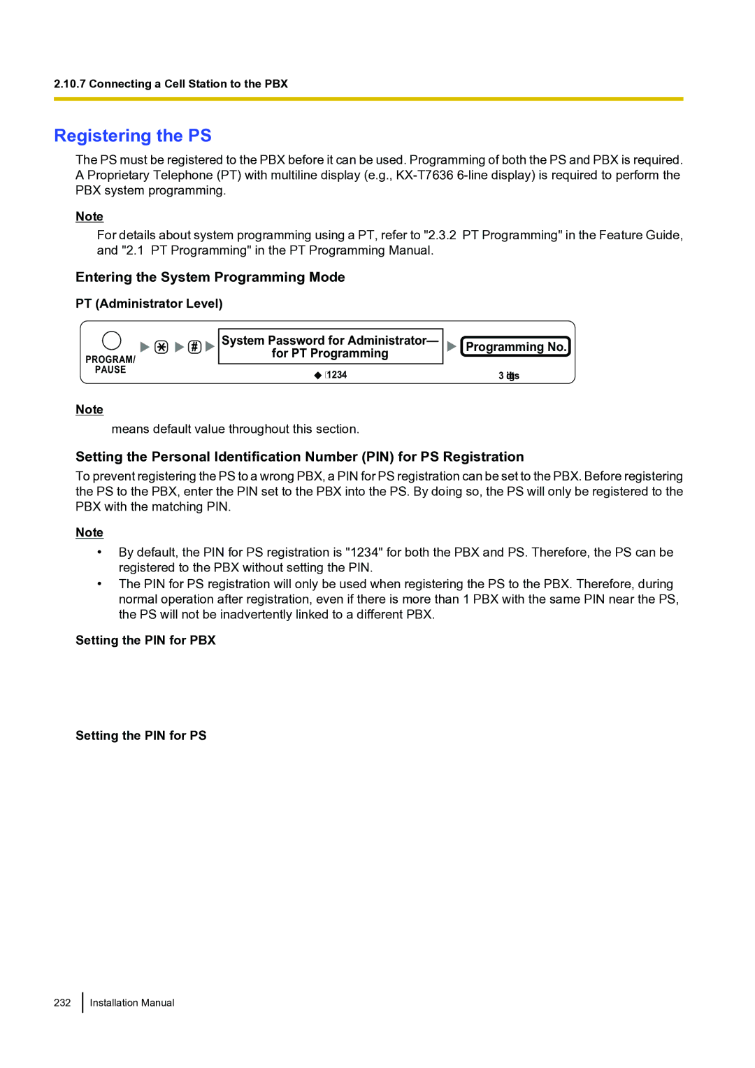 Panasonic KX-TDA100 installation manual Registering the PS, Setting the PIN for PS 