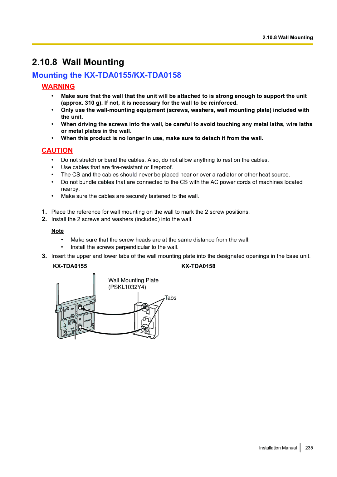 Panasonic KX-TDA100 installation manual Wall Mounting, Mounting the KX-TDA0155/KX-TDA0158 