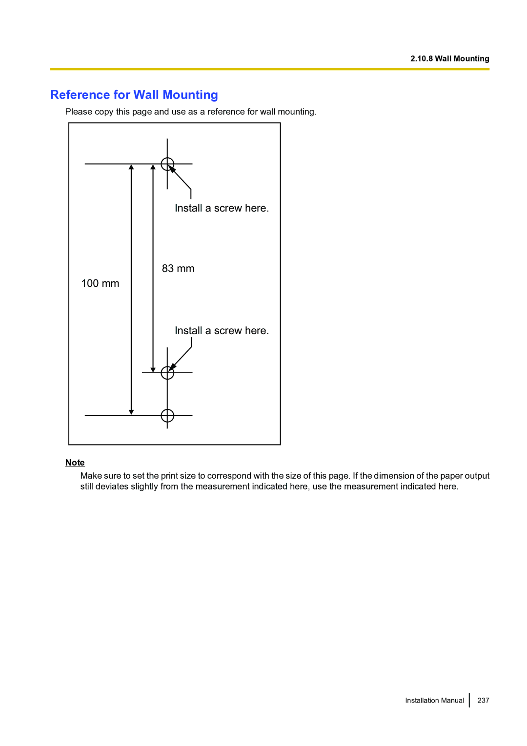 Panasonic KX-TDA100 installation manual Reference for Wall Mounting, Install a screw here 100 mm 83 mm 