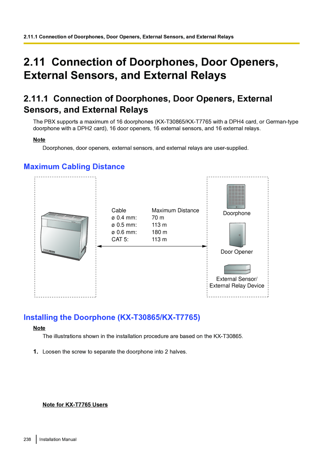 Panasonic KX-TDA100 installation manual Maximum Cabling Distance, Installing the Doorphone KX-T30865/KX-T7765 