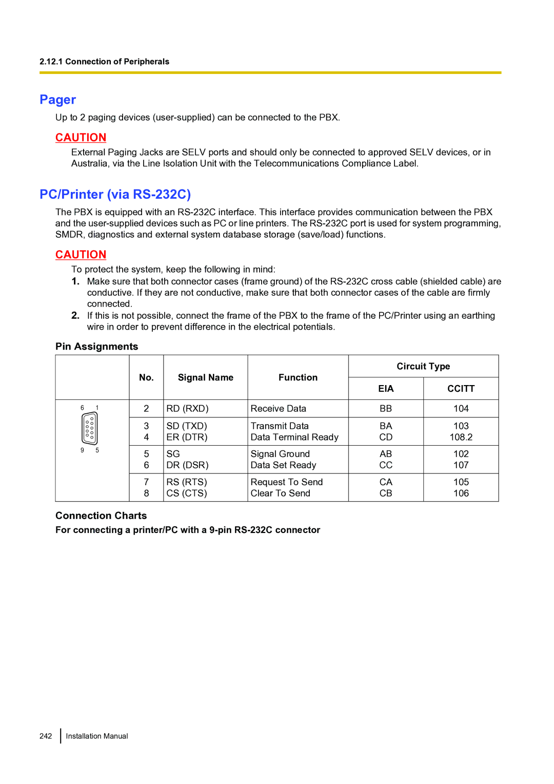 Panasonic KX-TDA100 installation manual Pager, PC/Printer via RS-232C, Pin Assignments, Connection Charts 