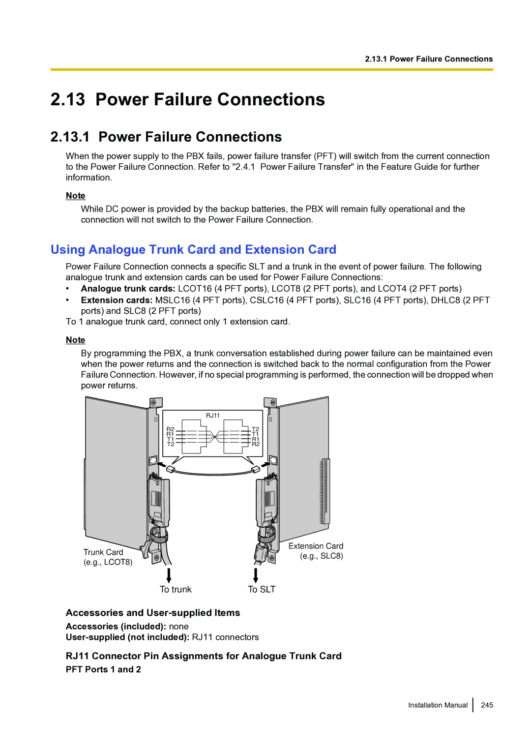 Panasonic KX-TDA100 Power Failure Connections, Using Analogue Trunk Card and Extension Card, PFT Ports 1 