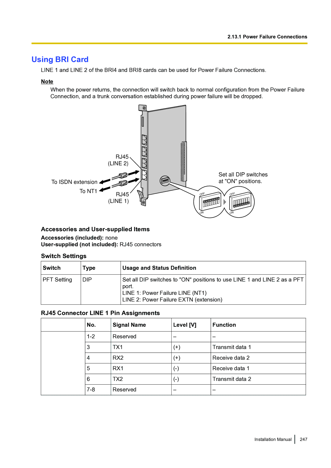 Panasonic KX-TDA100 installation manual Using BRI Card, Switch Settings, RJ45 Connector Line 1 Pin Assignments 