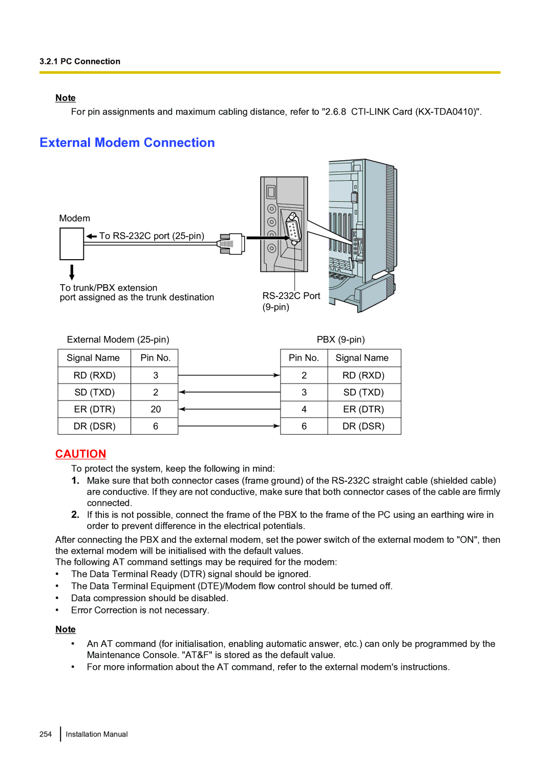 Panasonic KX-TDA100 installation manual External Modem Connection, Rd Rxd Sd Txd Er Dtr Dr Dsr 