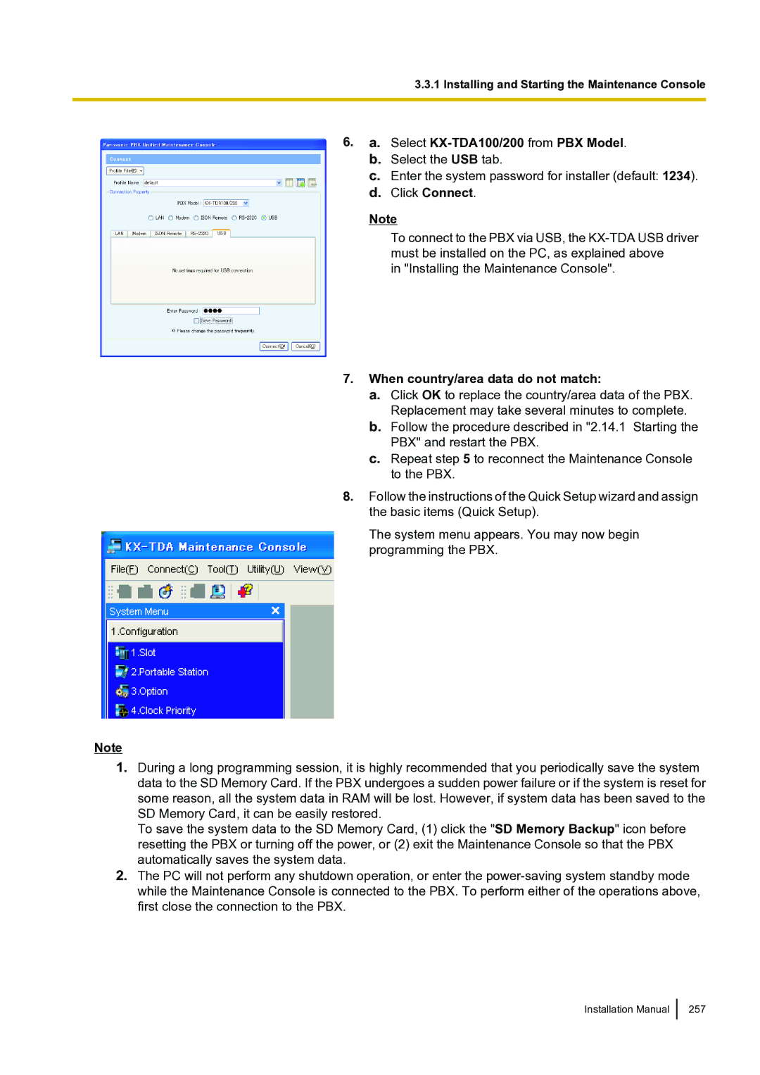 Panasonic installation manual Select KX-TDA100/200 from PBX Model, When country/area data do not match 