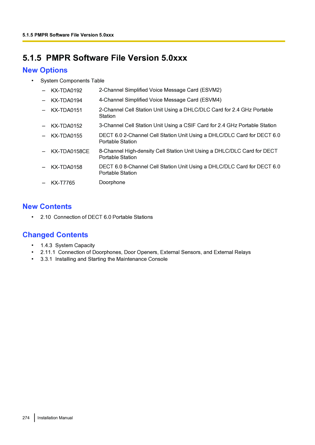 Panasonic KX-TDA100 installation manual New Contents 