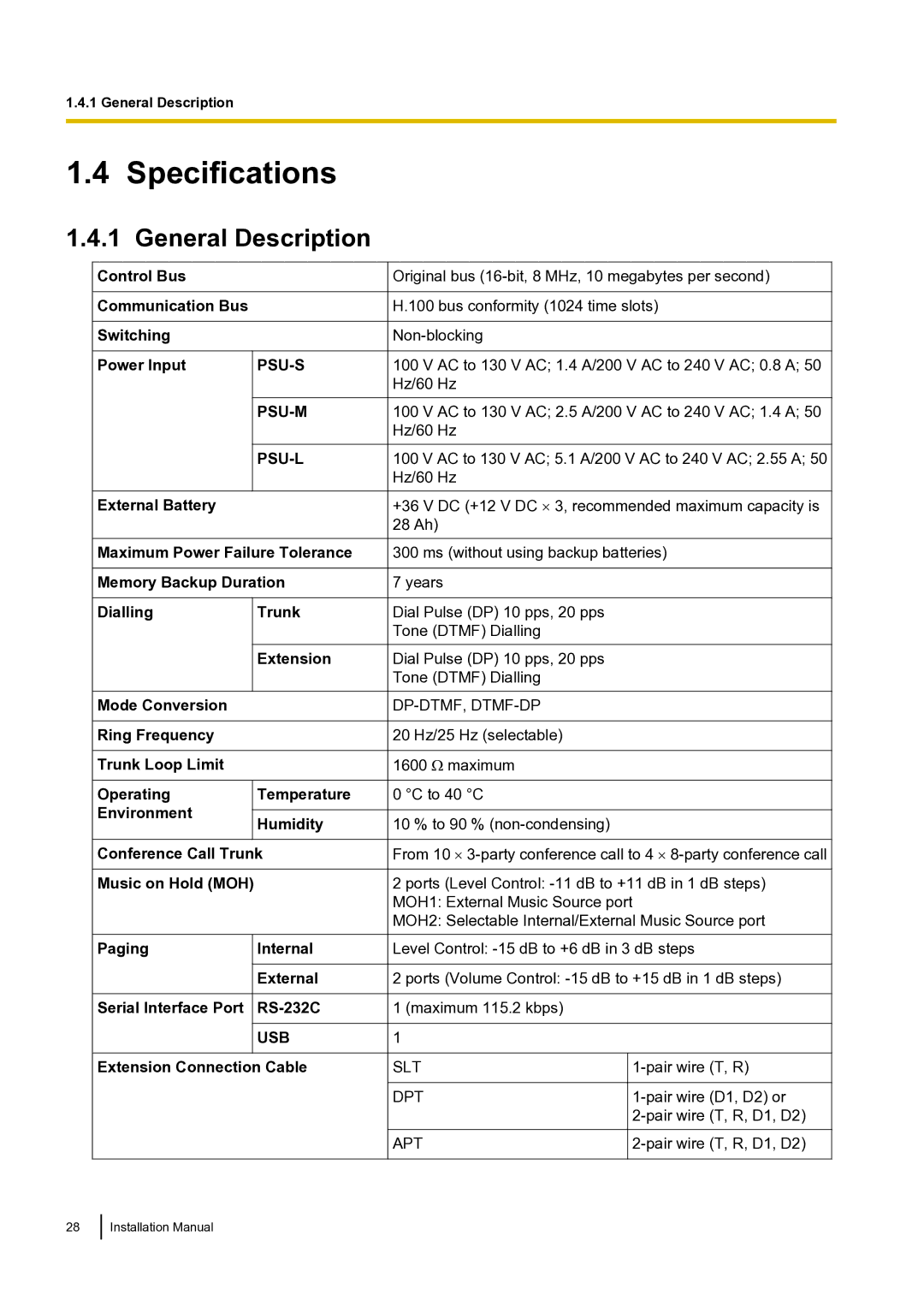 Panasonic KX-TDA100 installation manual Specifications, General Description 