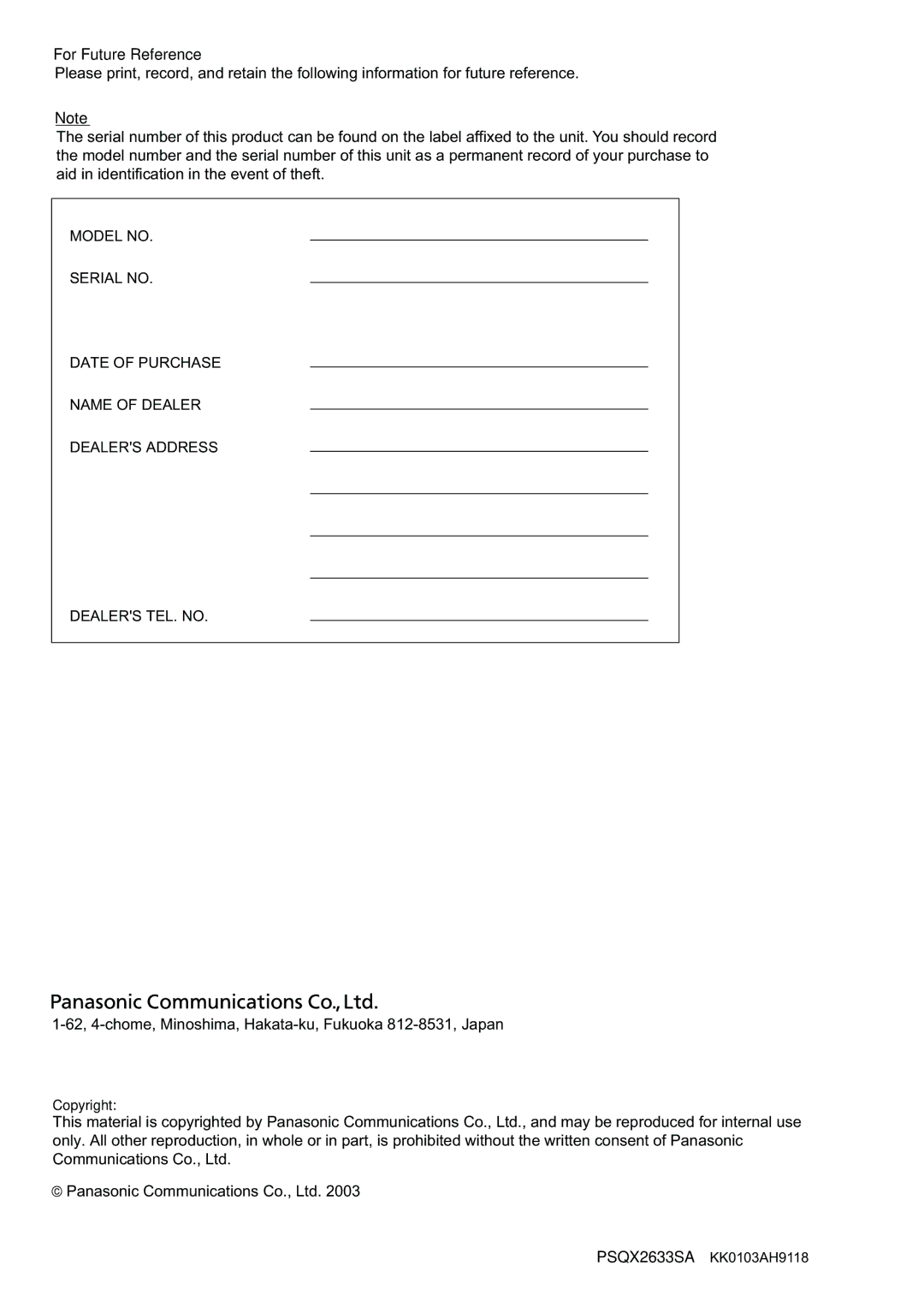 Panasonic KX-TDA100 installation manual For Future Reference 