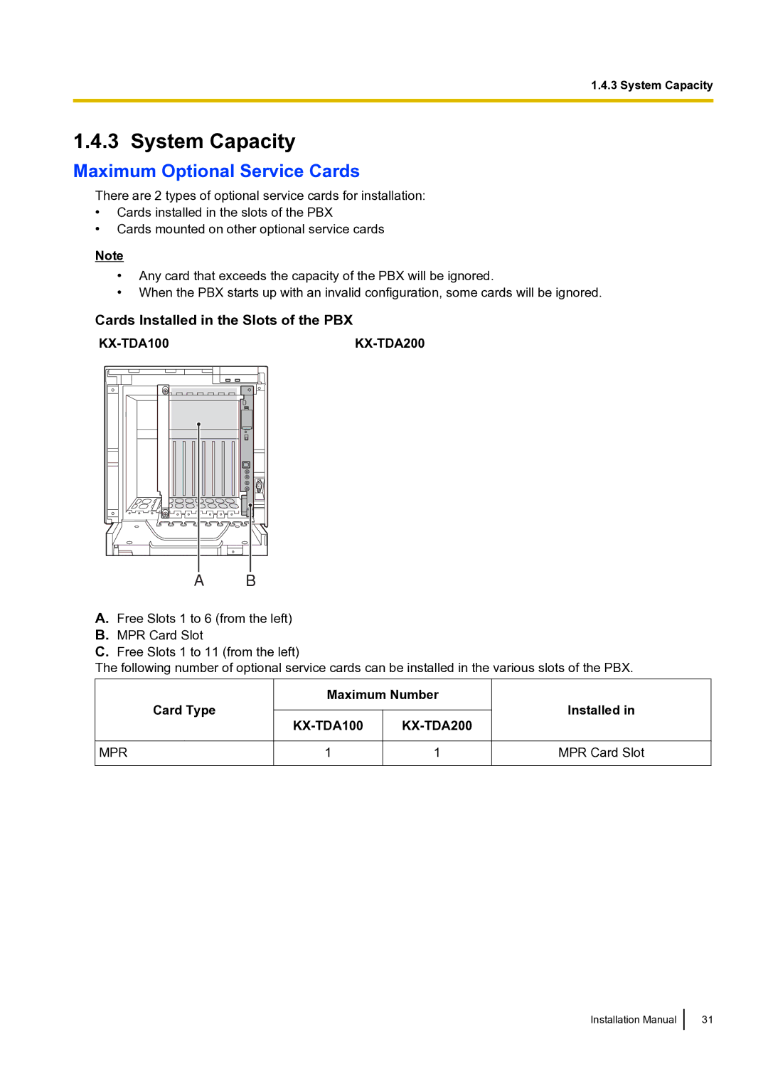 Panasonic KX-TDA100 System Capacity, Maximum Optional Service Cards, Cards Installed in the Slots of the PBX 