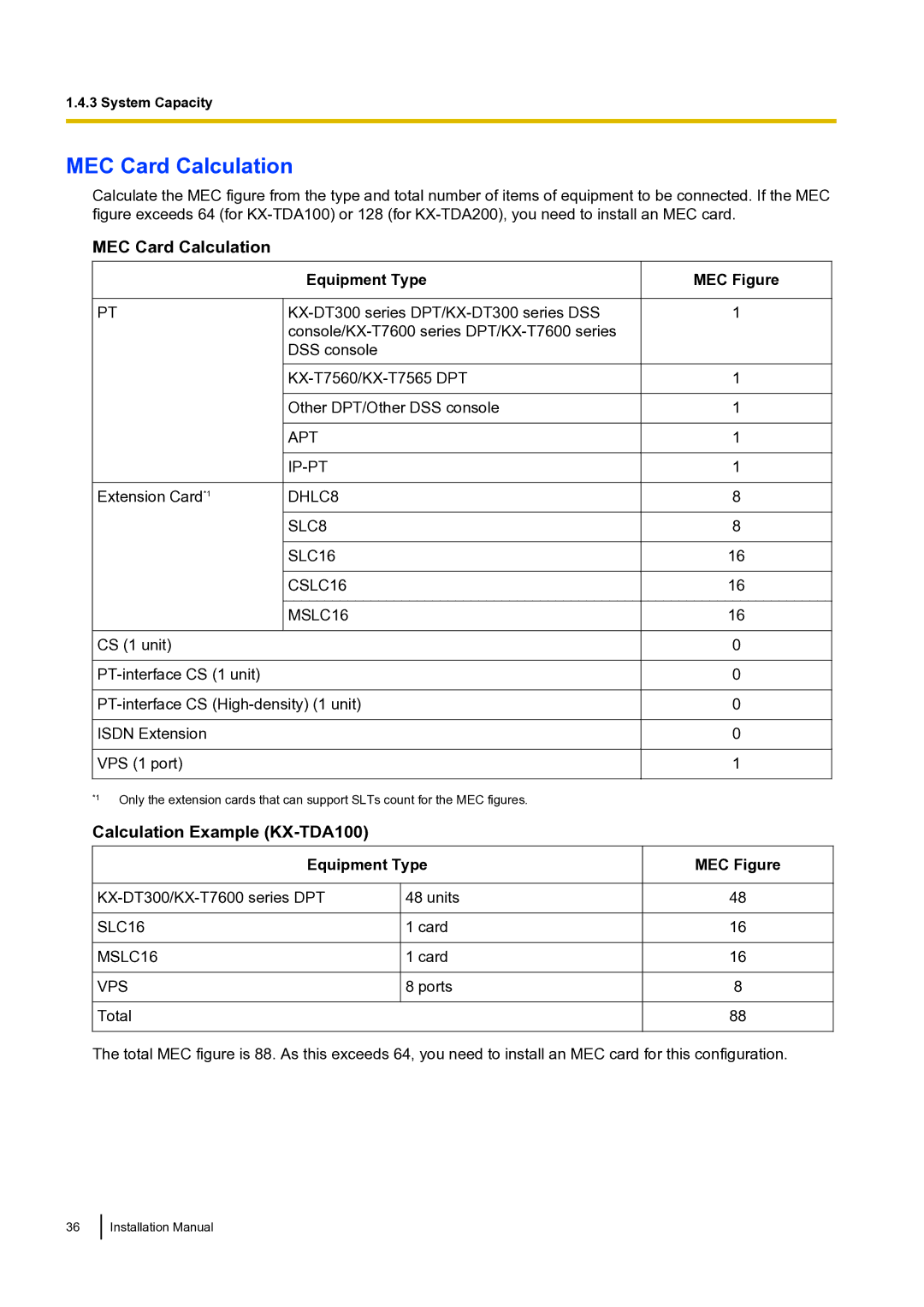 Panasonic installation manual MEC Card Calculation, Calculation Example KX-TDA100, Equipment Type MEC Figure 