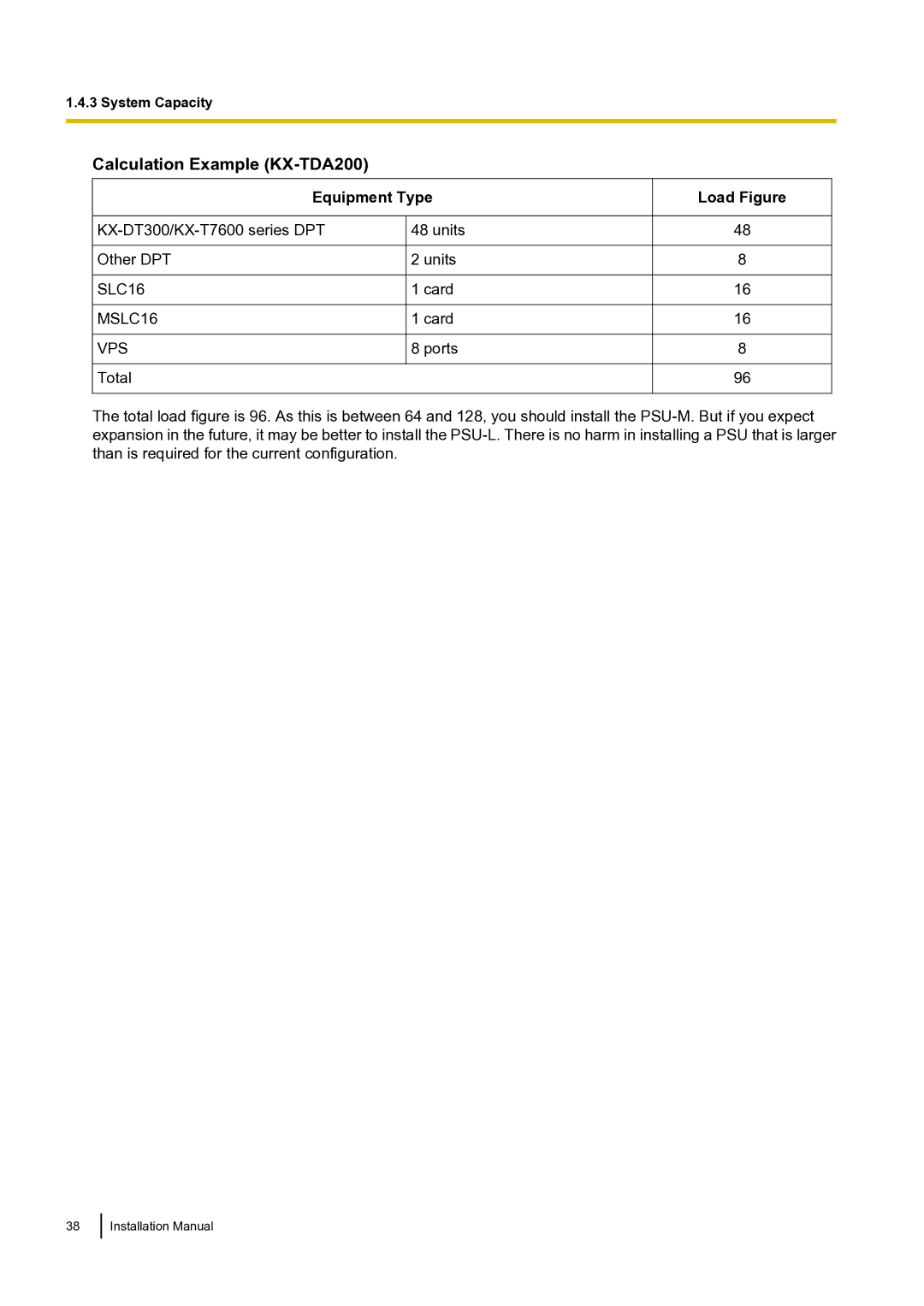 Panasonic KX-TDA100 installation manual Calculation Example KX-TDA200 