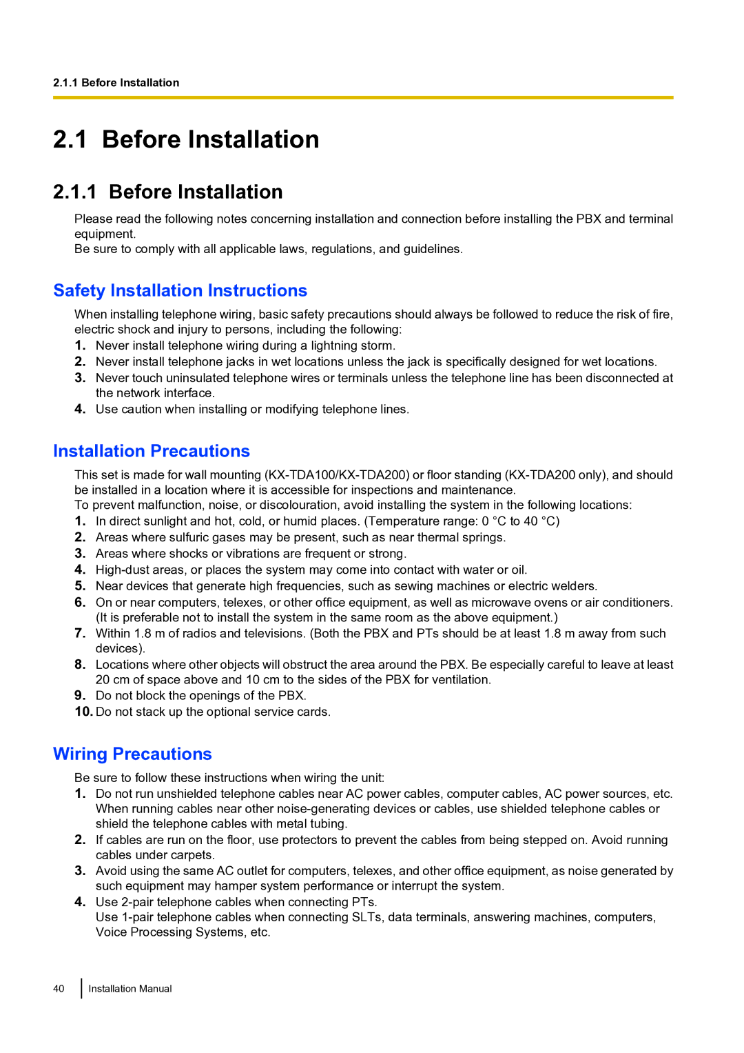 Panasonic KX-TDA100 Before Installation, Safety Installation Instructions, Installation Precautions, Wiring Precautions 