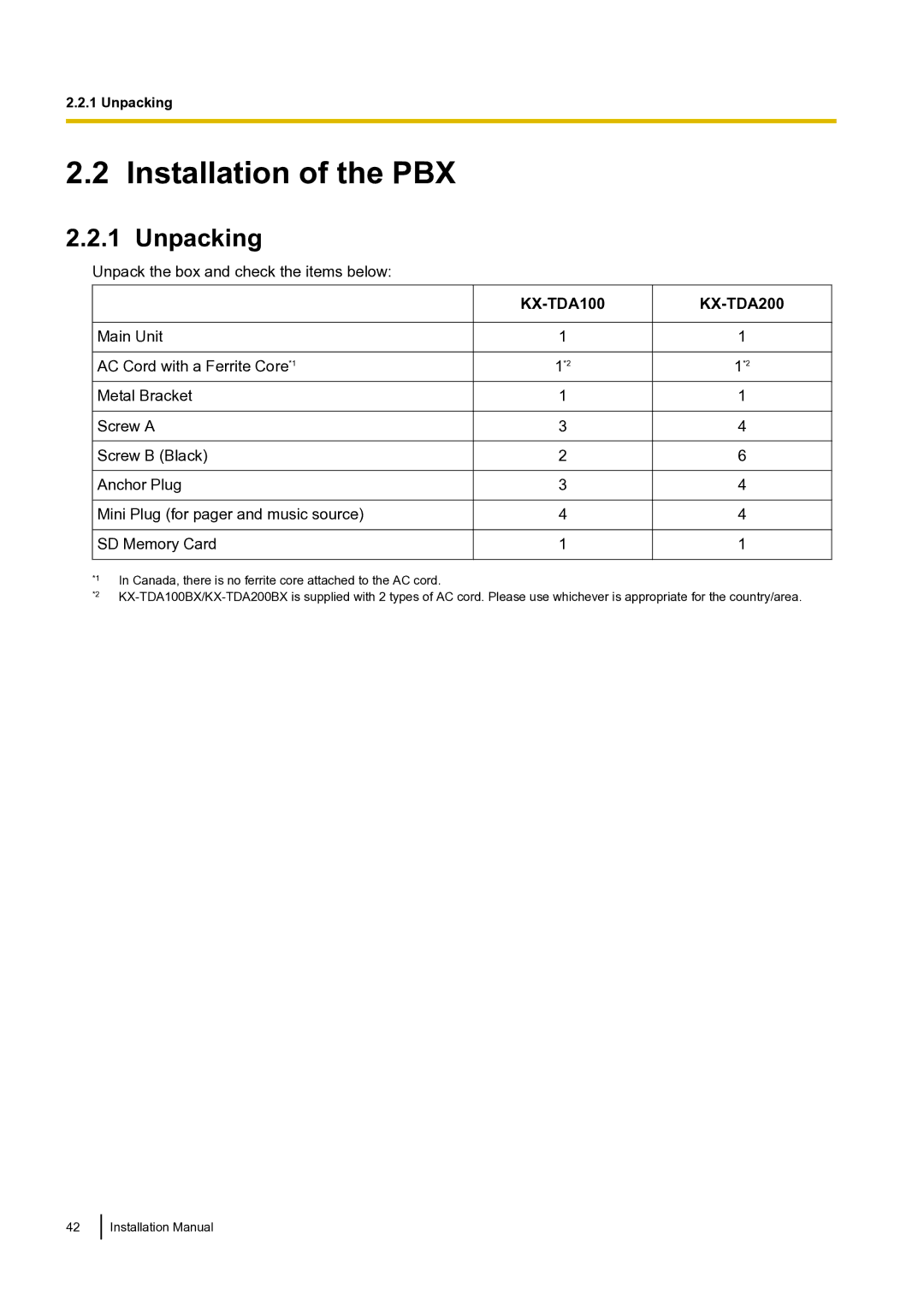 Panasonic KX-TDA100 installation manual Installation of the PBX, Unpacking 