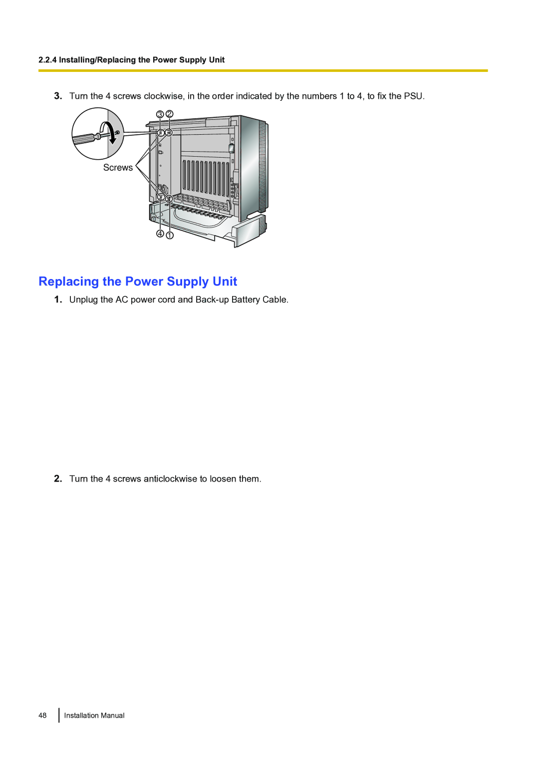 Panasonic KX-TDA100 installation manual Replacing the Power Supply Unit 