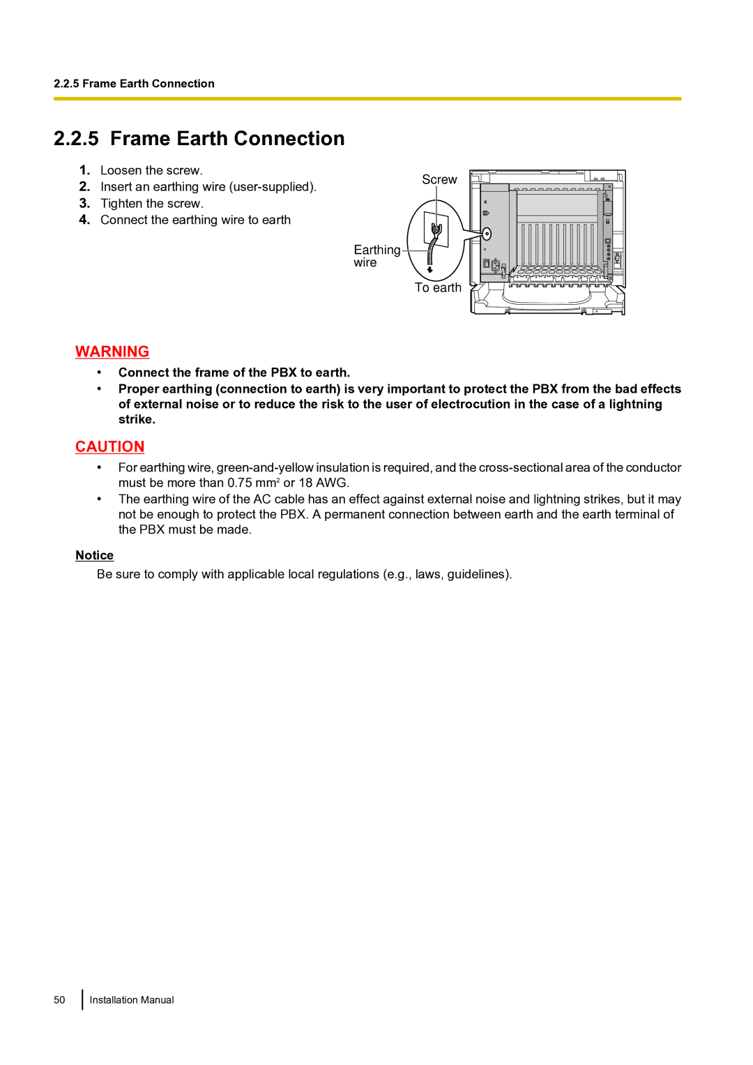 Panasonic KX-TDA100 installation manual Frame Earth Connection 