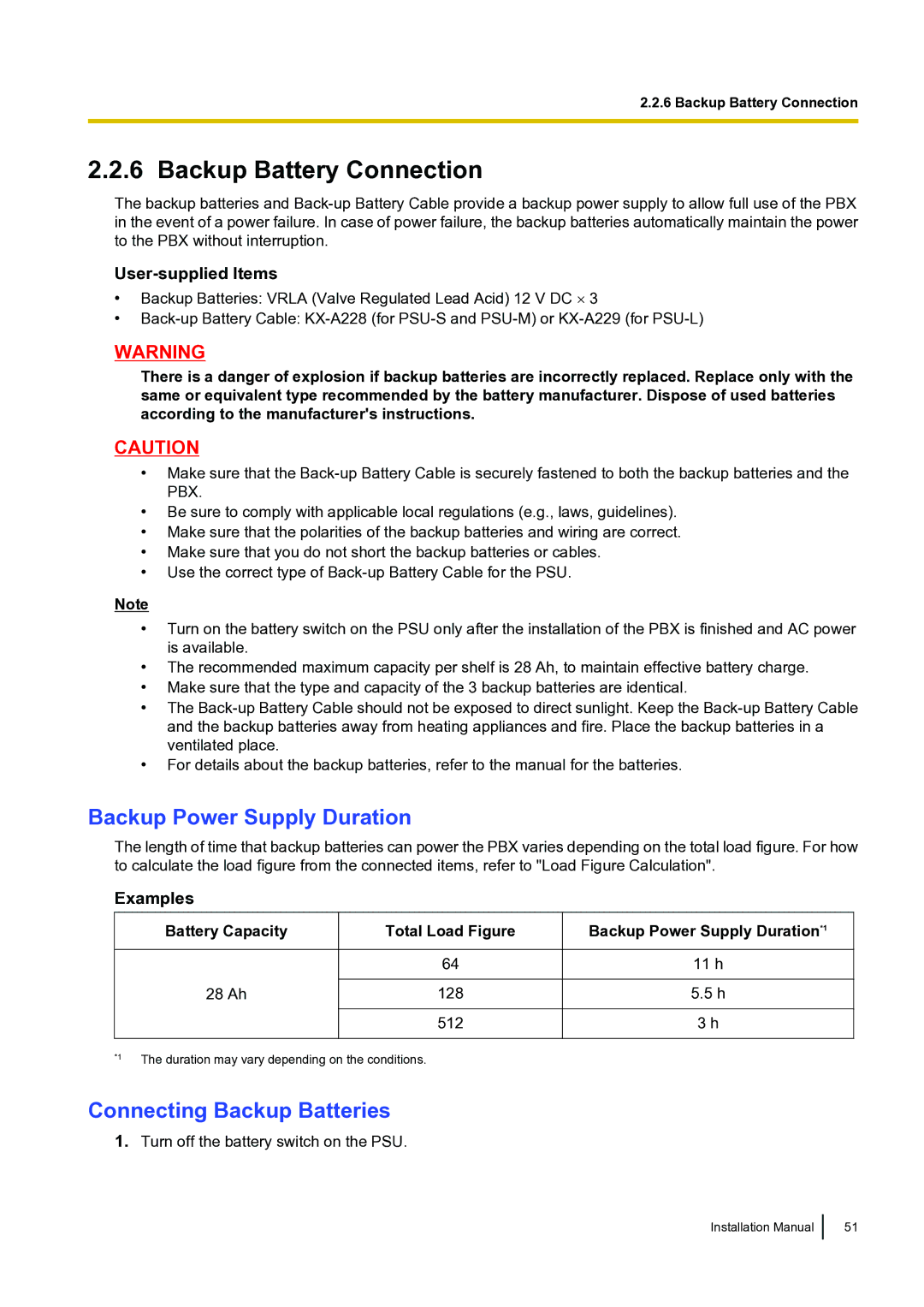 Panasonic KX-TDA100 Backup Battery Connection, Backup Power Supply Duration, Connecting Backup Batteries, Examples 