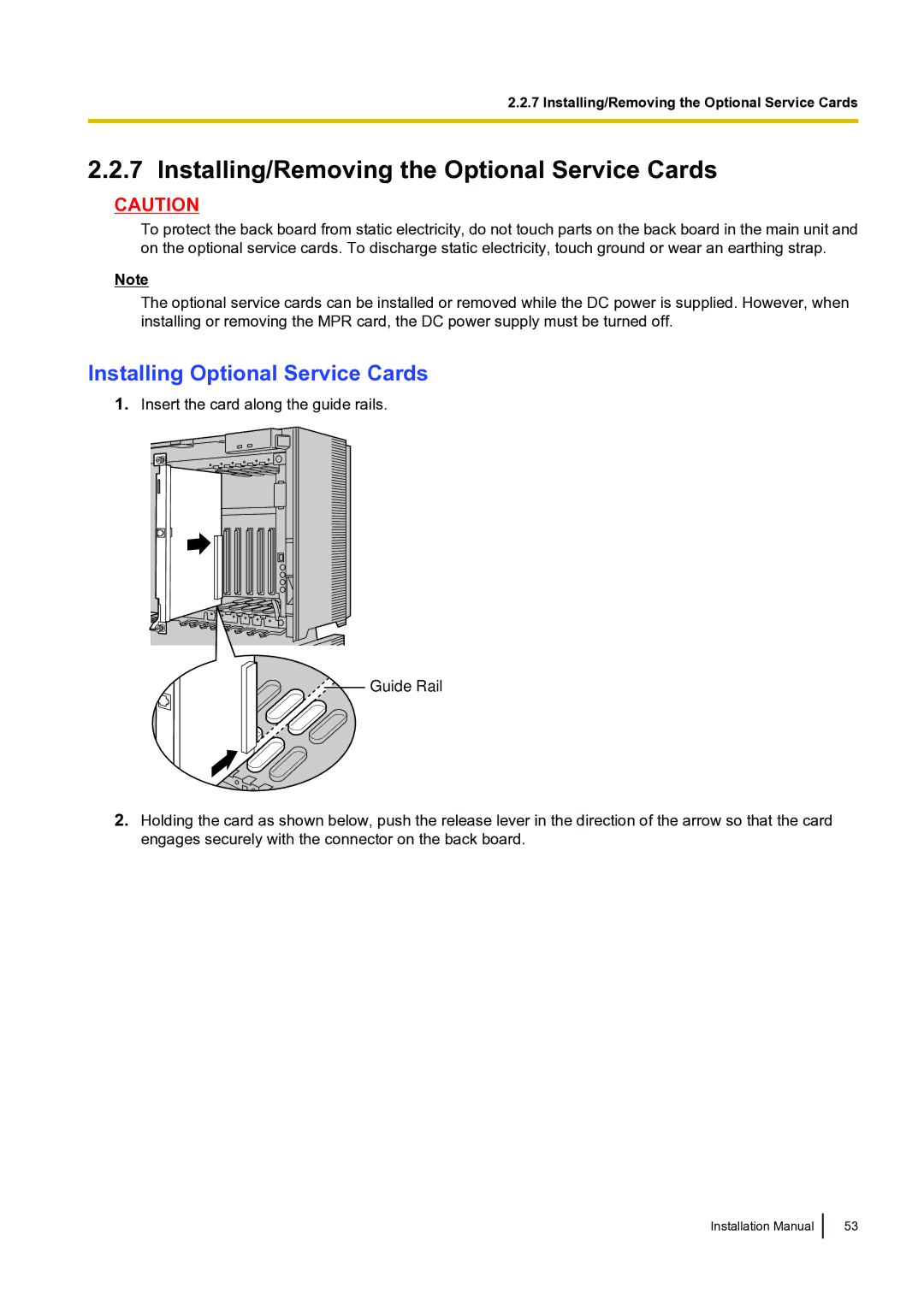 Panasonic KX-TDA100 installation manual Installing/Removing the Optional Service Cards, Installing Optional Service Cards 