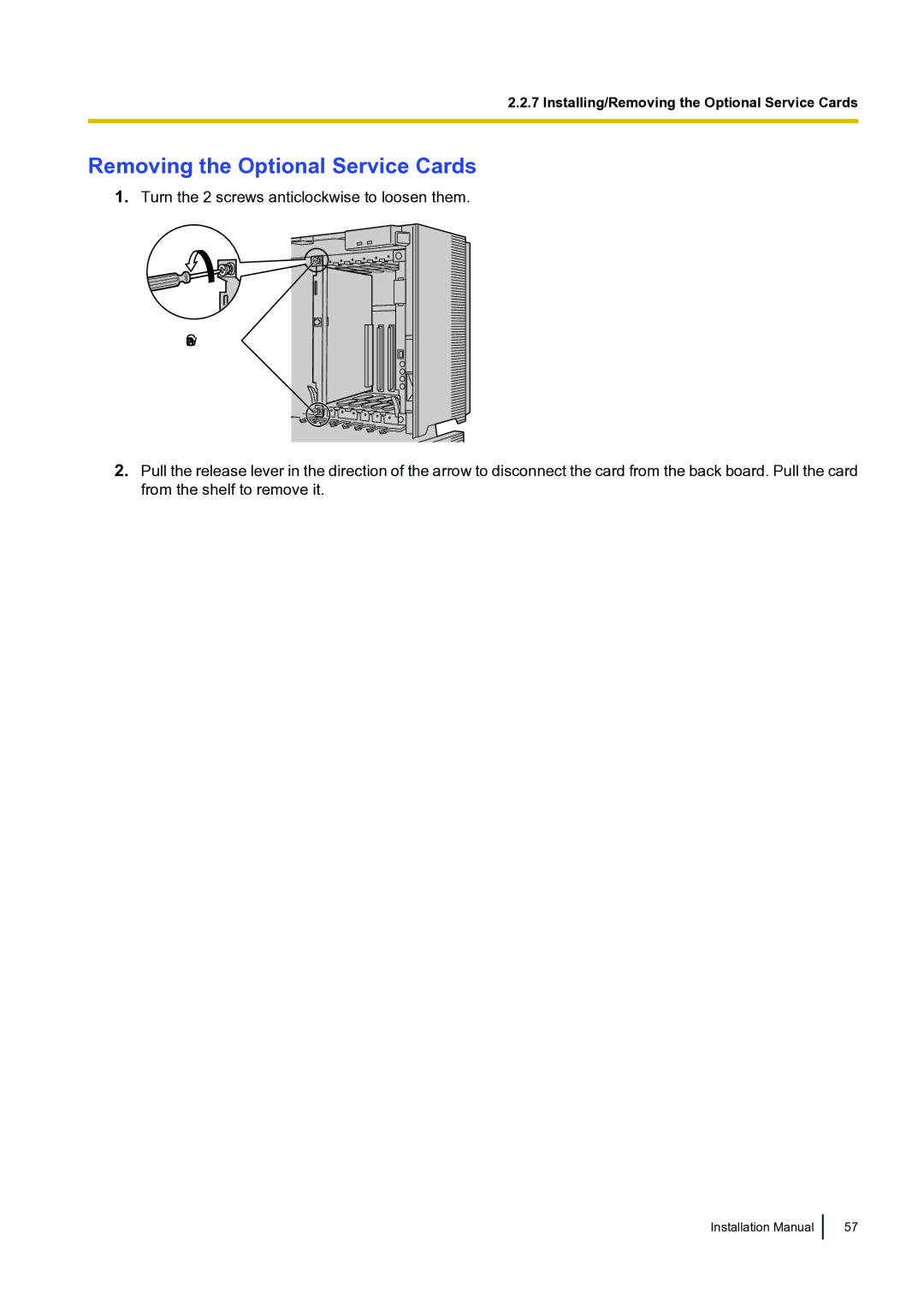 Panasonic KX-TDA100 installation manual Removing the Optional Service Cards 