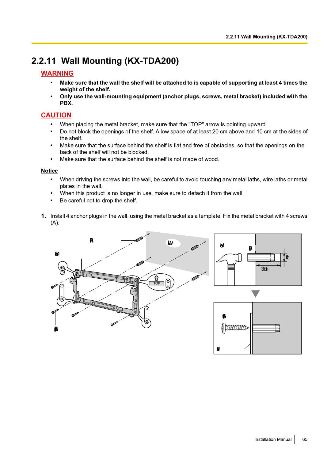 Panasonic KX-TDA100 installation manual Wall Mounting KX-TDA200 