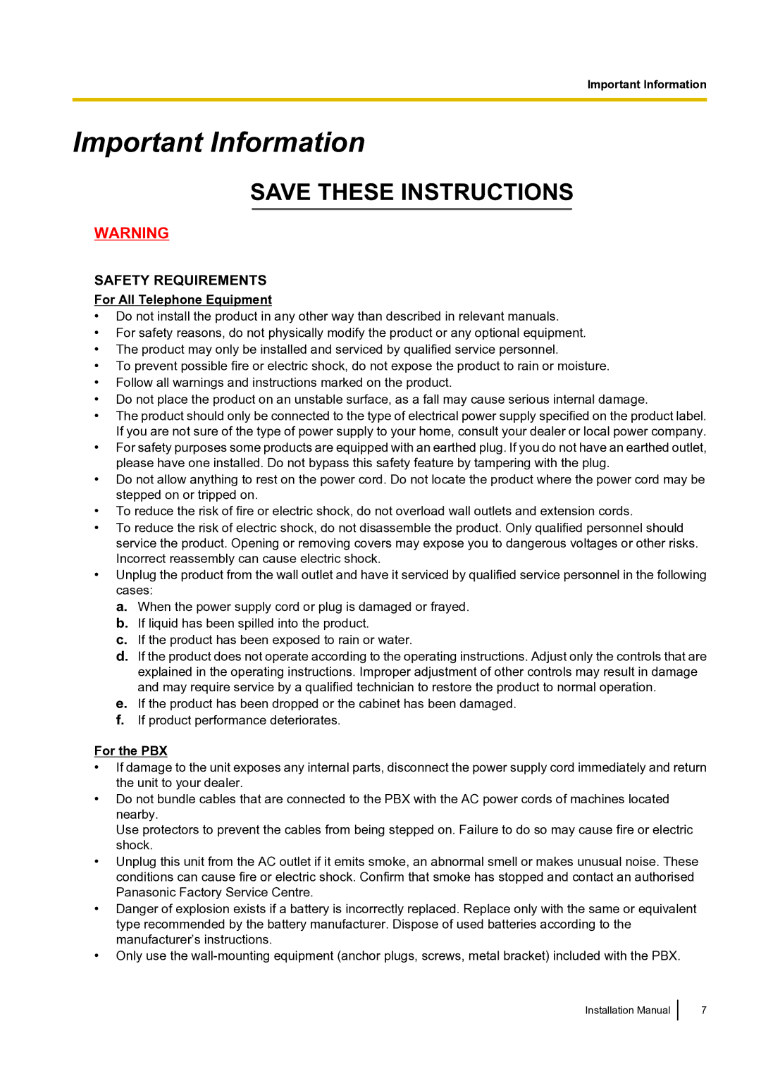 Panasonic KX-TDA100 installation manual For All Telephone Equipment, For the PBX 