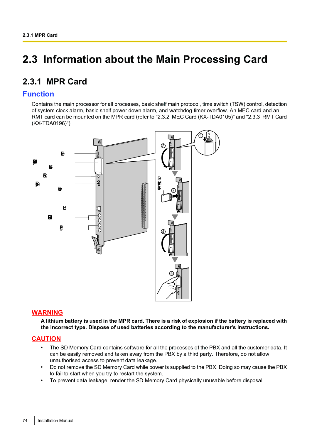 Panasonic KX-TDA100 installation manual Information about the Main Processing Card, MPR Card 