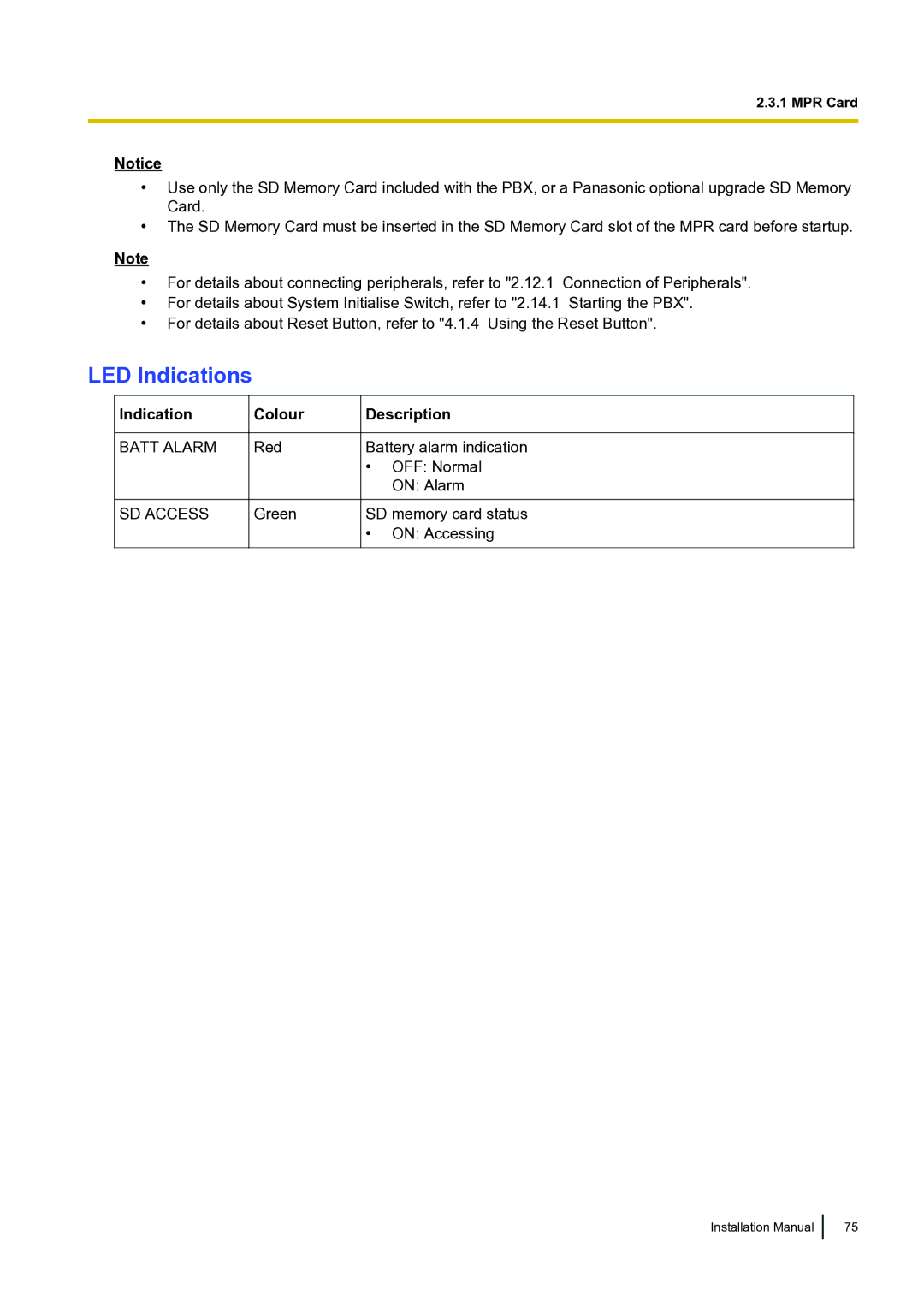 Panasonic KX-TDA100 installation manual LED Indications, Colour 