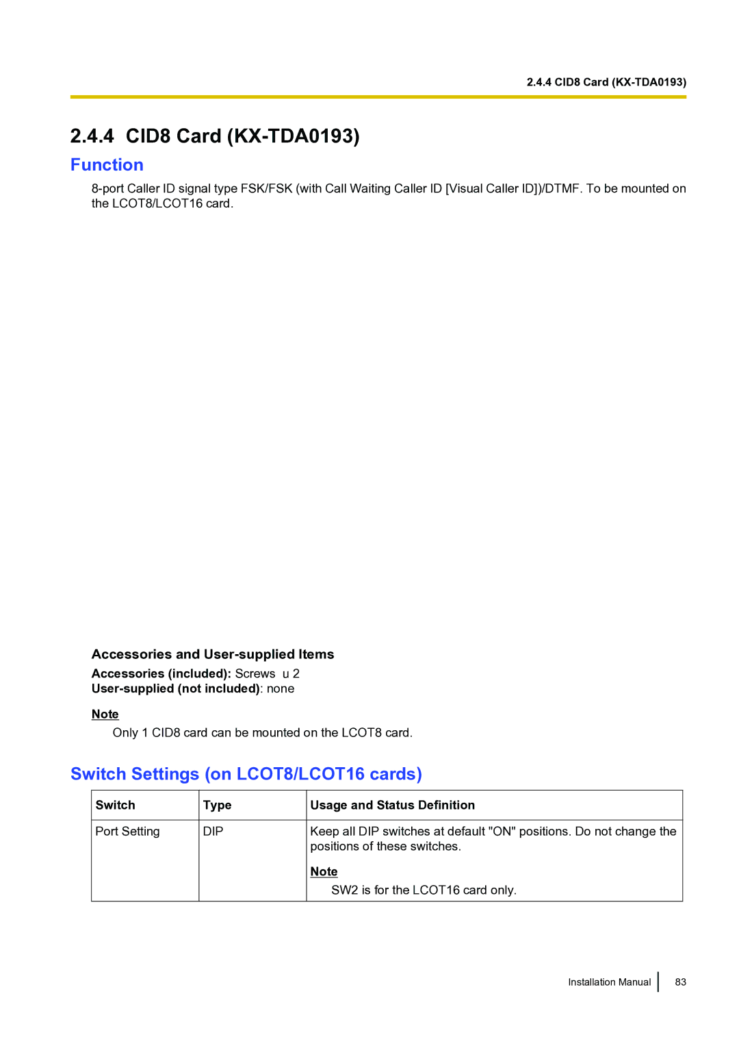 Panasonic KX-TDA100 installation manual 4 CID8 Card KX-TDA0193 