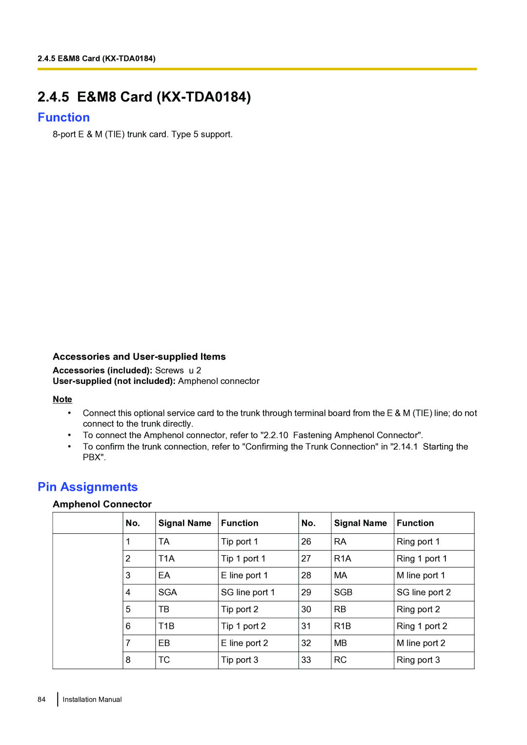 Panasonic KX-TDA100 installation manual 5 E&M8 Card KX-TDA0184, Pin Assignments 