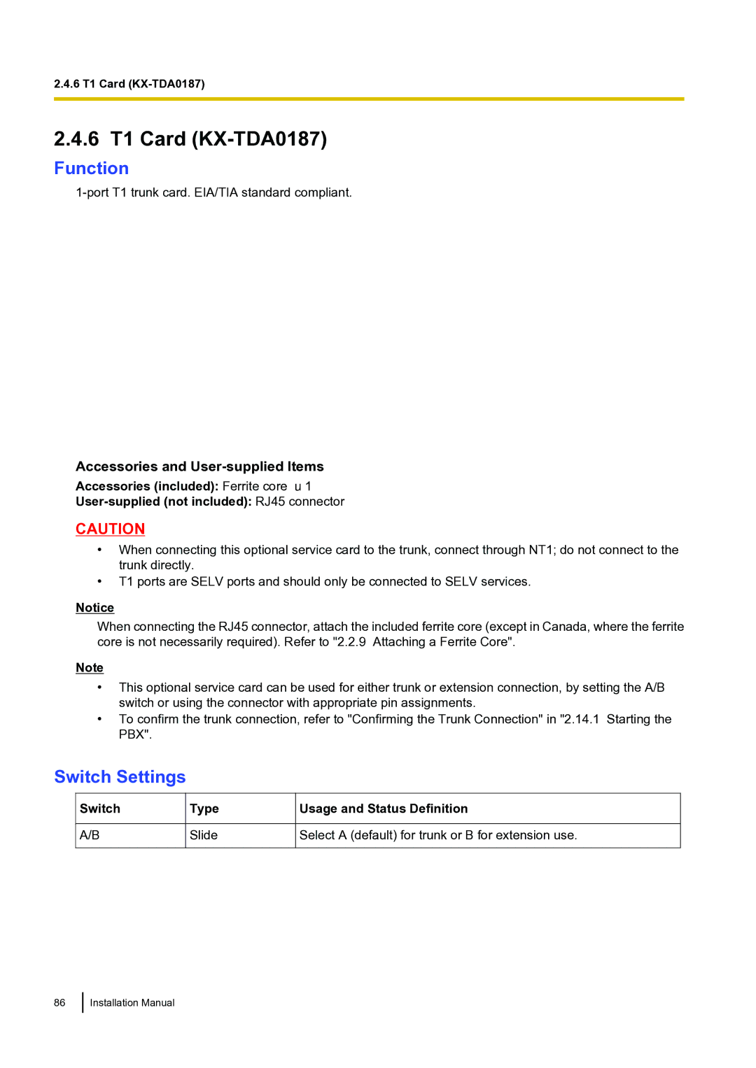 Panasonic KX-TDA100 installation manual 6 T1 Card KX-TDA0187, Switch Settings, Switch Type 