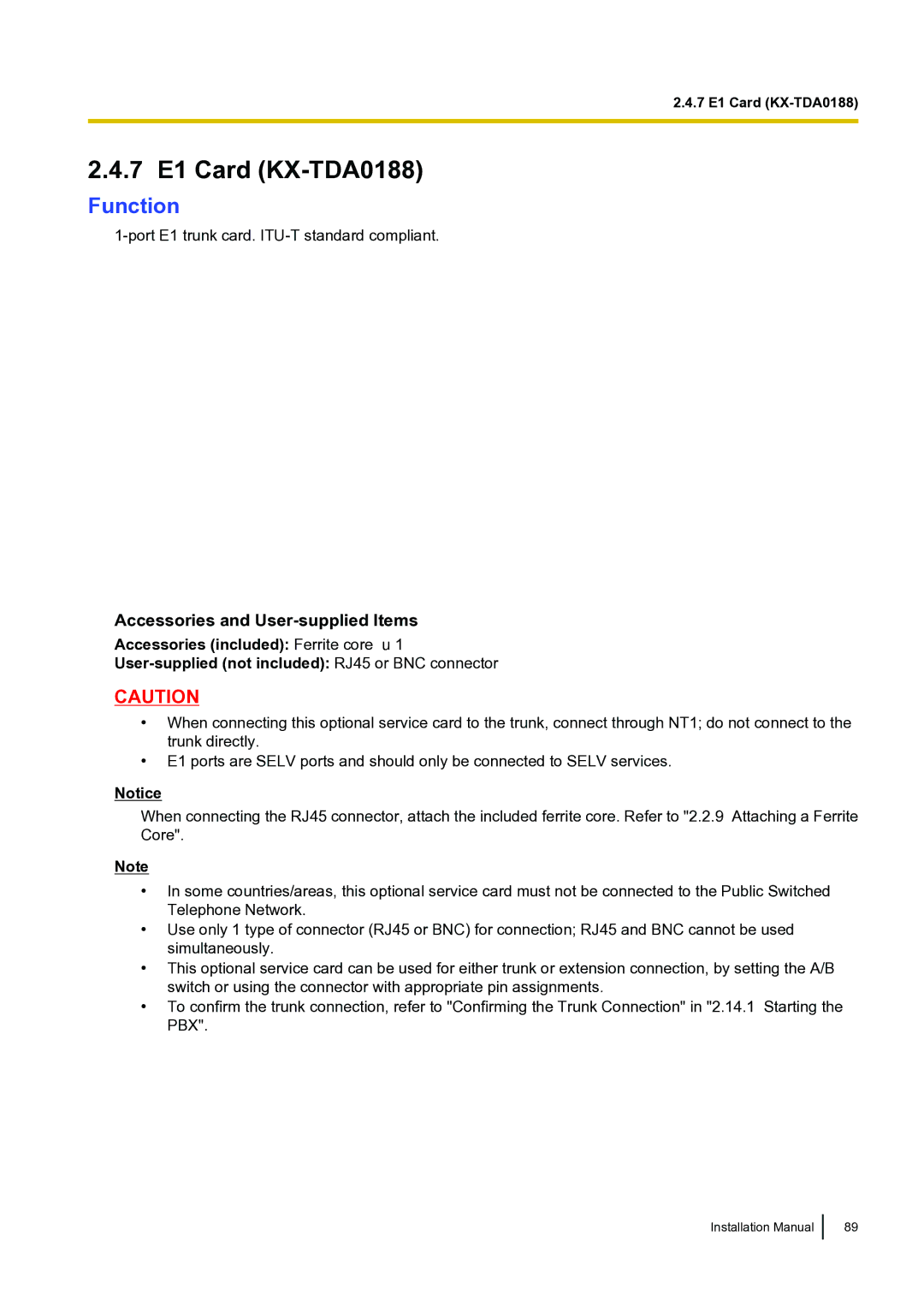 Panasonic KX-TDA100 installation manual 7 E1 Card KX-TDA0188, Function 