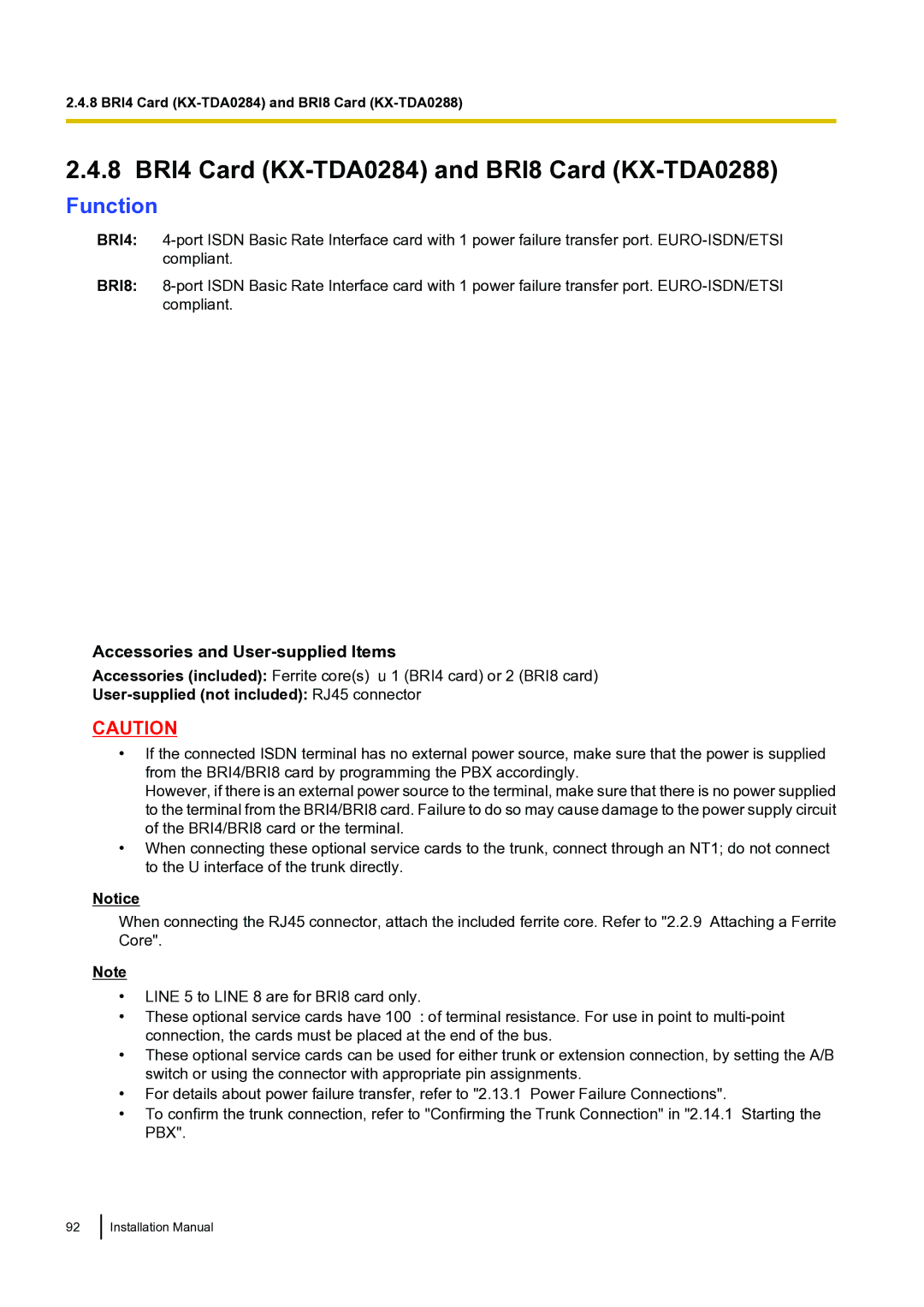 Panasonic KX-TDA100 installation manual 8 BRI4 Card KX-TDA0284 and BRI8 Card KX-TDA0288, Function 