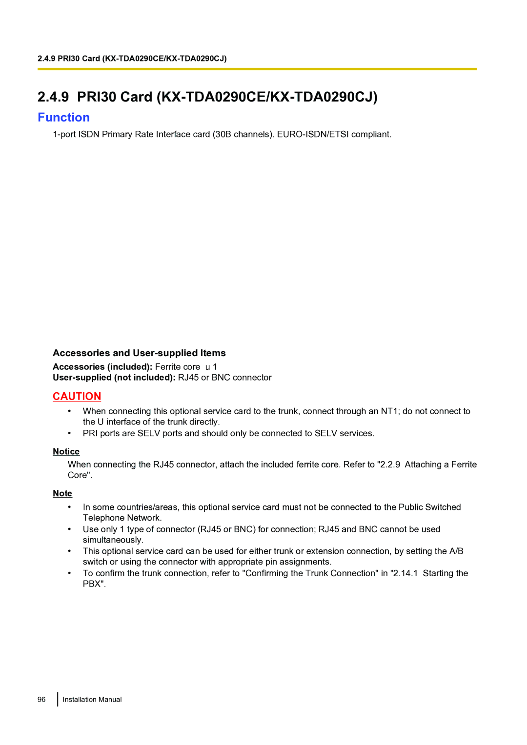 Panasonic KX-TDA100 installation manual 9 PRI30 Card KX-TDA0290CE/KX-TDA0290CJ, Function 