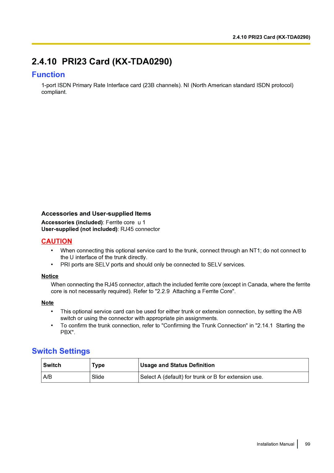 Panasonic KX-TDA100 installation manual 10 PRI23 Card KX-TDA0290, Function 