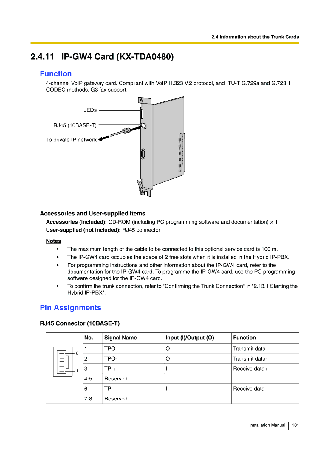 Panasonic KX-TDA100 IP-GW4 Card KX-TDA0480, RJ45 Connector 10BASE-T, Signal Name Input I/Output O Function 