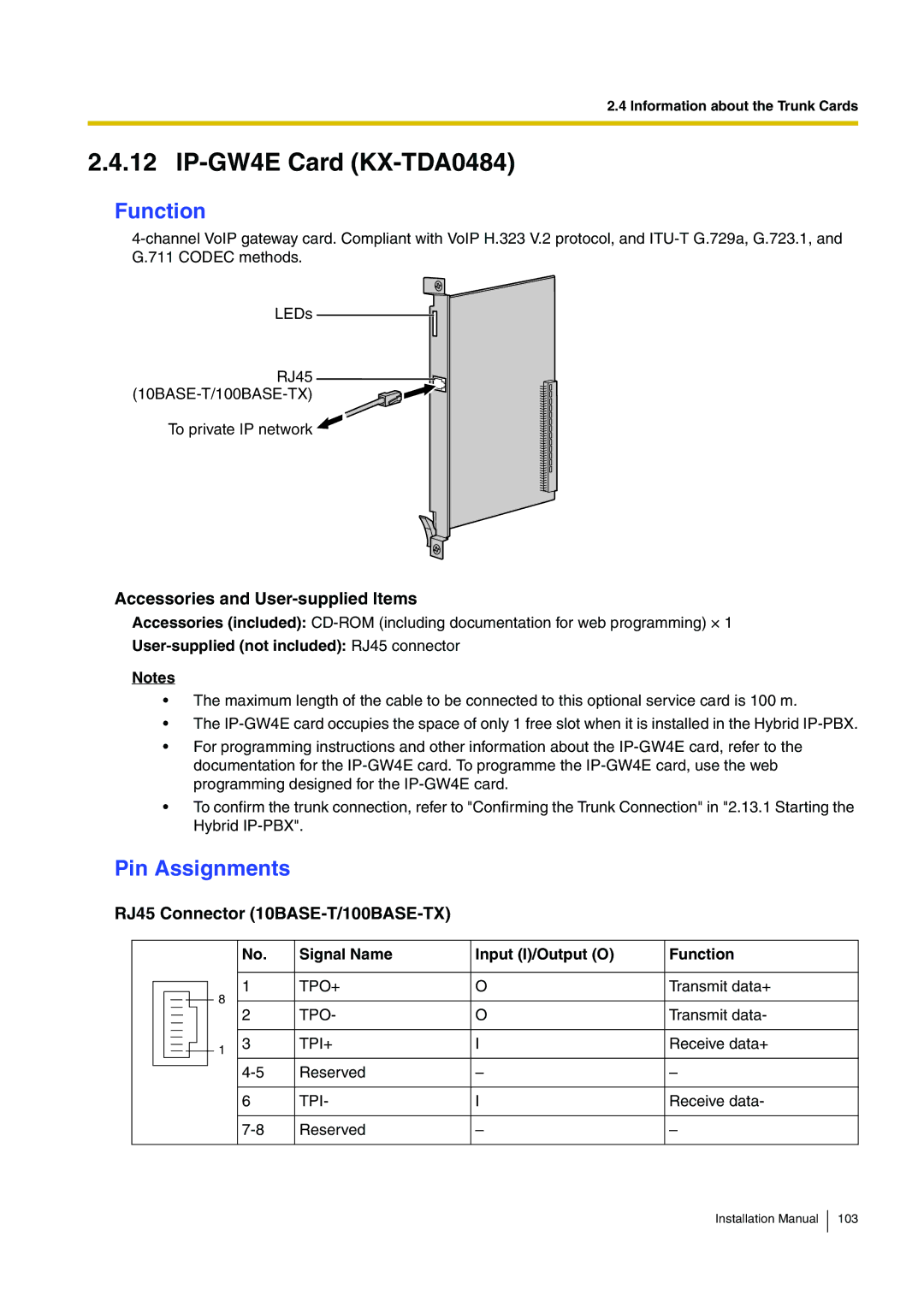 Panasonic KX-TDA100 installation manual IP-GW4E Card KX-TDA0484, RJ45 Connector 10BASE-T/100BASE-TX 