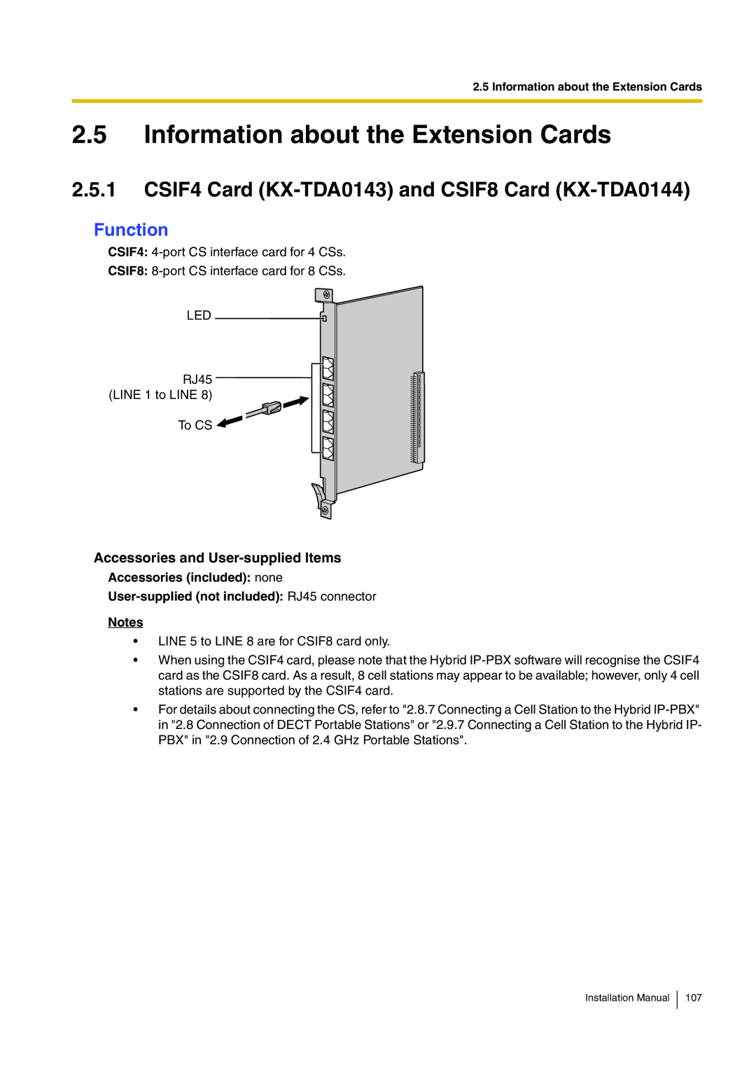 Panasonic KX-TDA100 Information about the Extension Cards, CSIF4 Card KX-TDA0143 and CSIF8 Card KX-TDA0144 