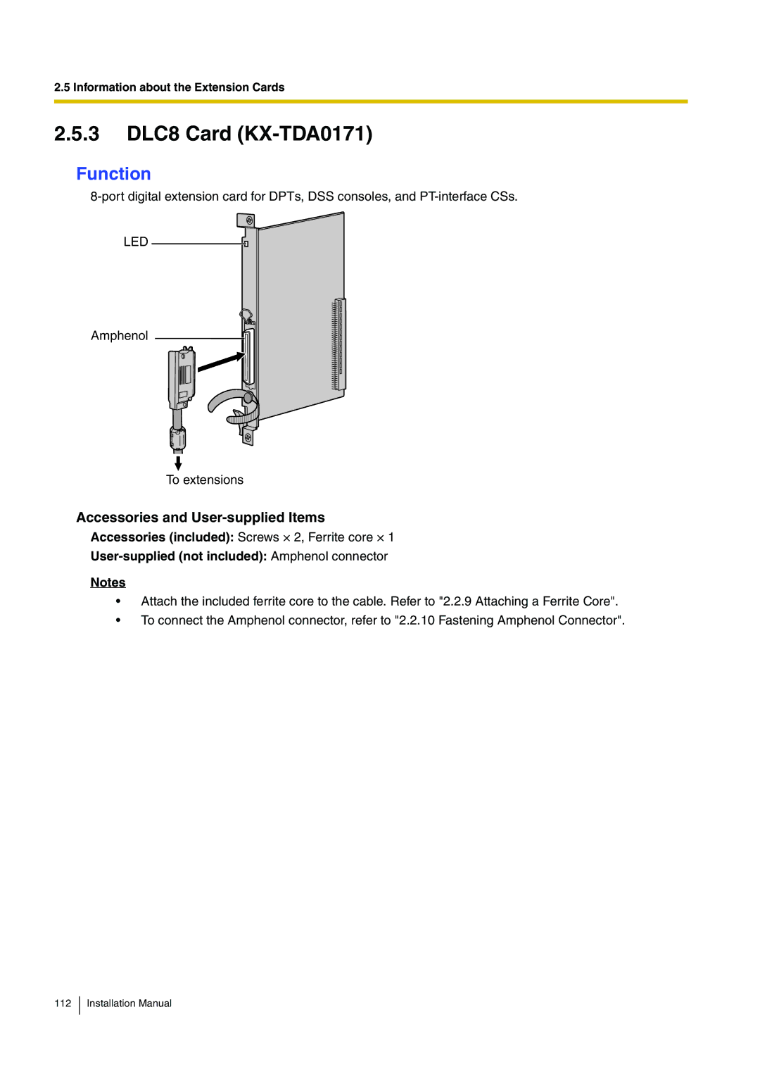 Panasonic KX-TDA100 installation manual 3 DLC8 Card KX-TDA0171, Function 