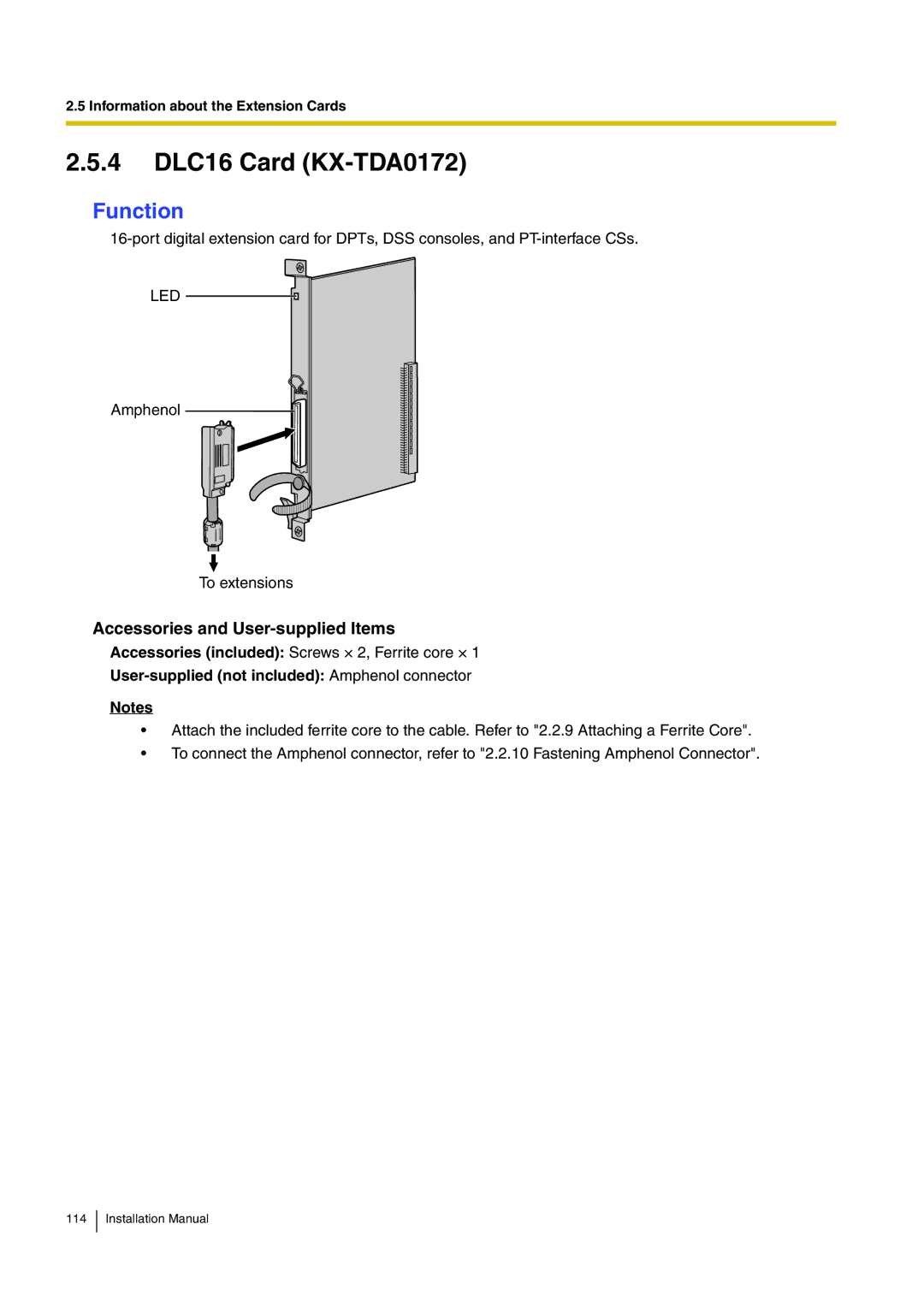 Panasonic KX-TDA100 installation manual 4 DLC16 Card KX-TDA0172 