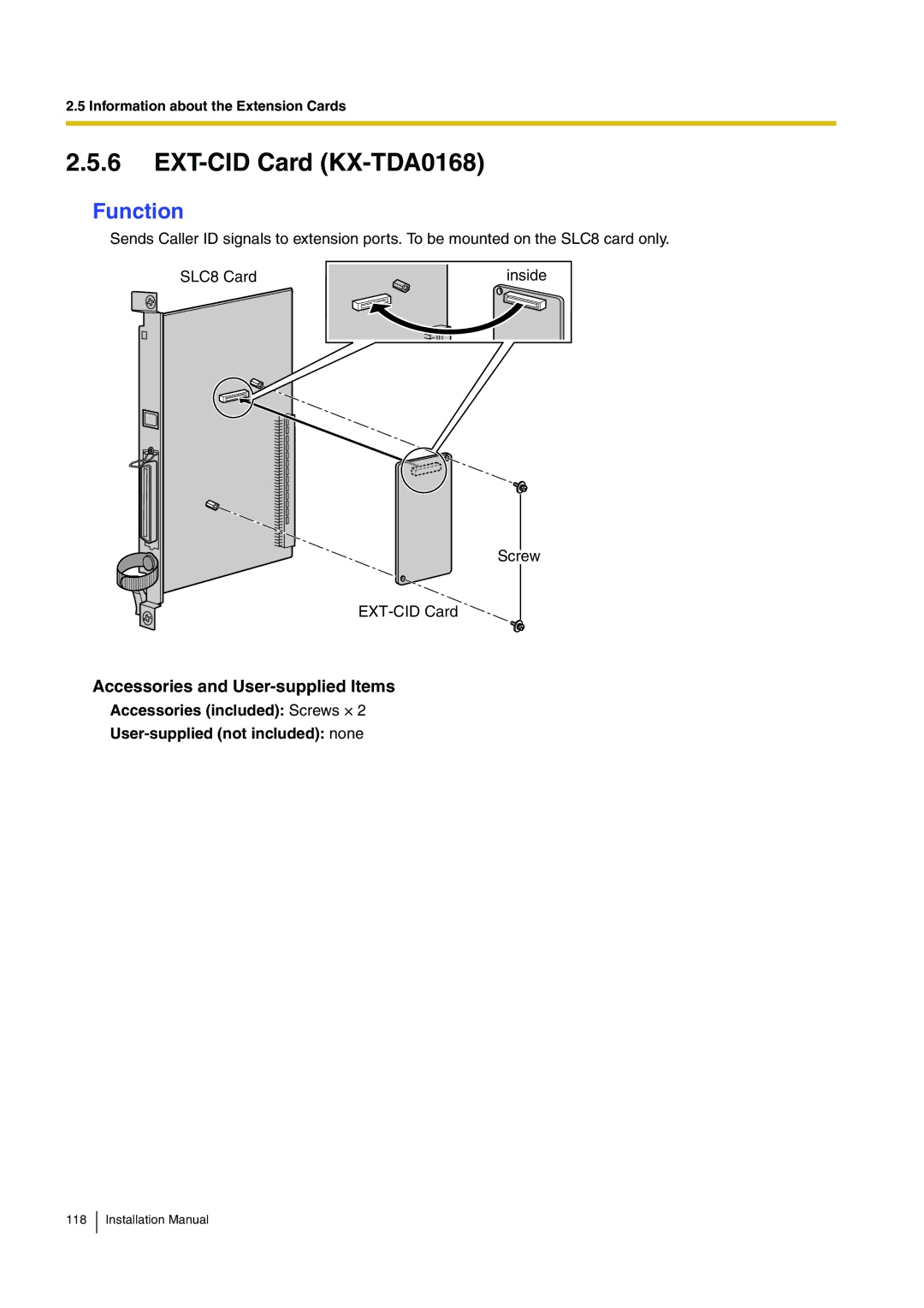 Panasonic KX-TDA100 installation manual EXT-CID Card KX-TDA0168 