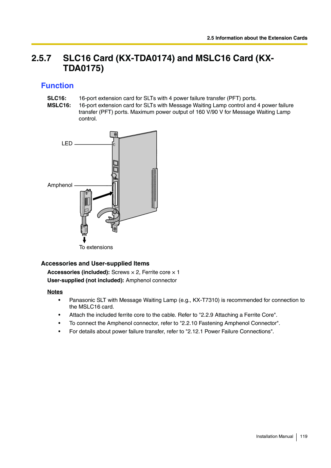 Panasonic KX-TDA100 installation manual 7 SLC16 Card KX-TDA0174 and MSLC16 Card KX- TDA0175, Led 