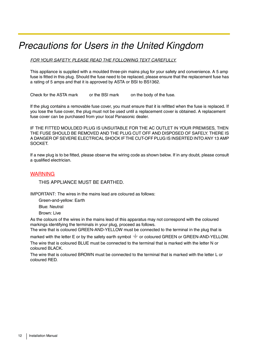 Panasonic KX-TDA100 installation manual Precautions for Users in the United Kingdom 