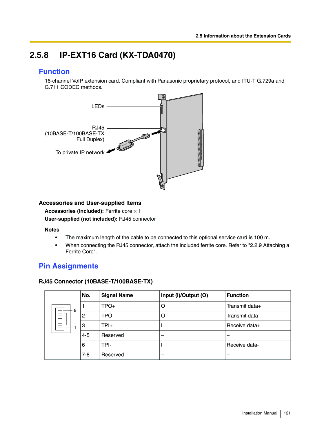 Panasonic KX-TDA100 installation manual IP-EXT16 Card KX-TDA0470, RJ45 Connector 10BASE-T/100BASE-TX 